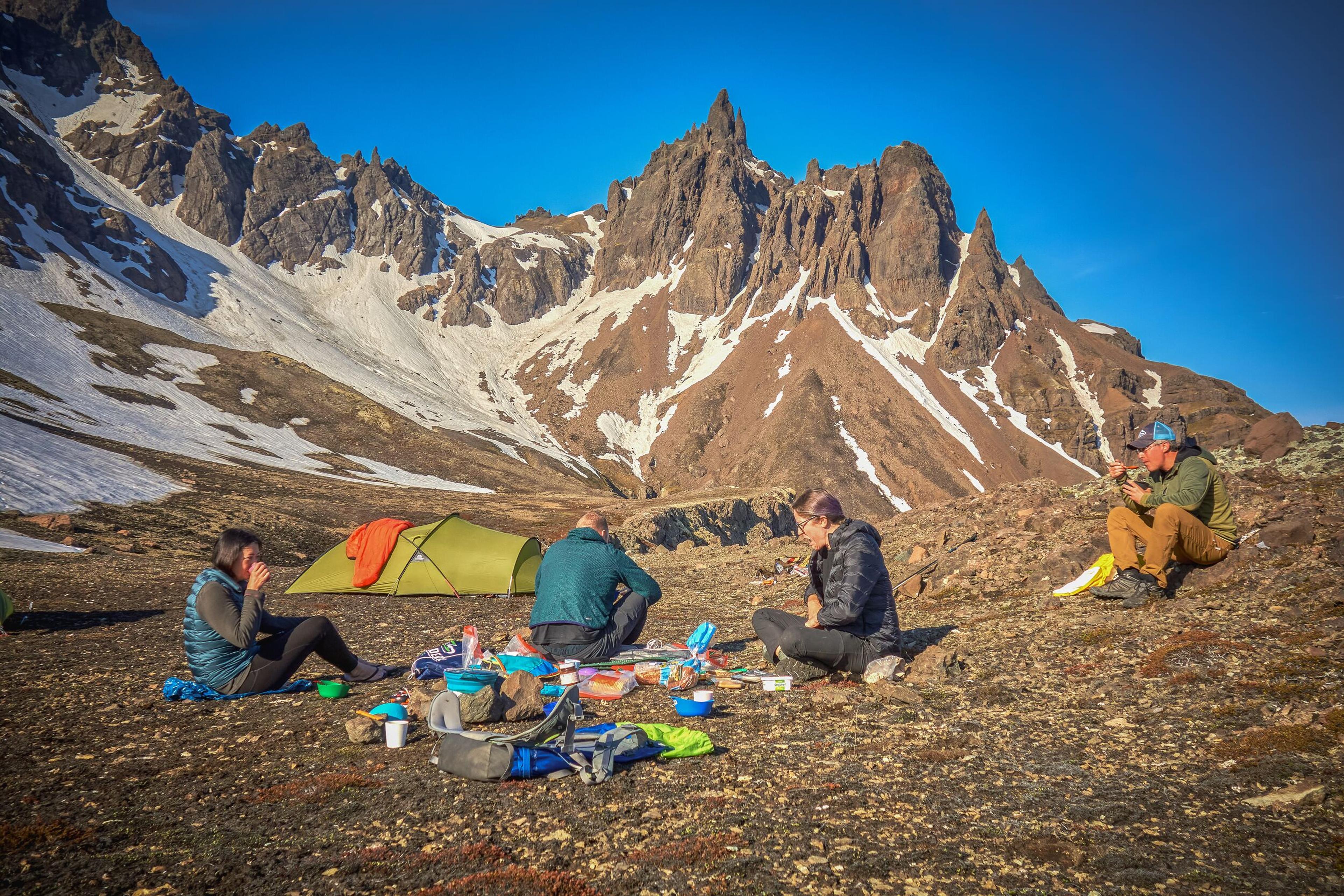 Hikers camped with a tent on a multi-day trek near Skaftafell and Vatnajökull