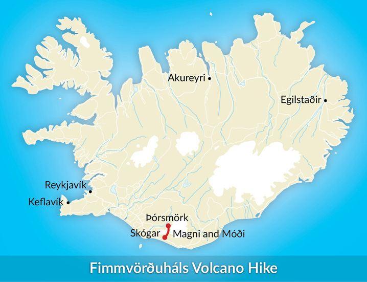 A map of Iceland with the Fimmvörðuháls Volcano Hike marked