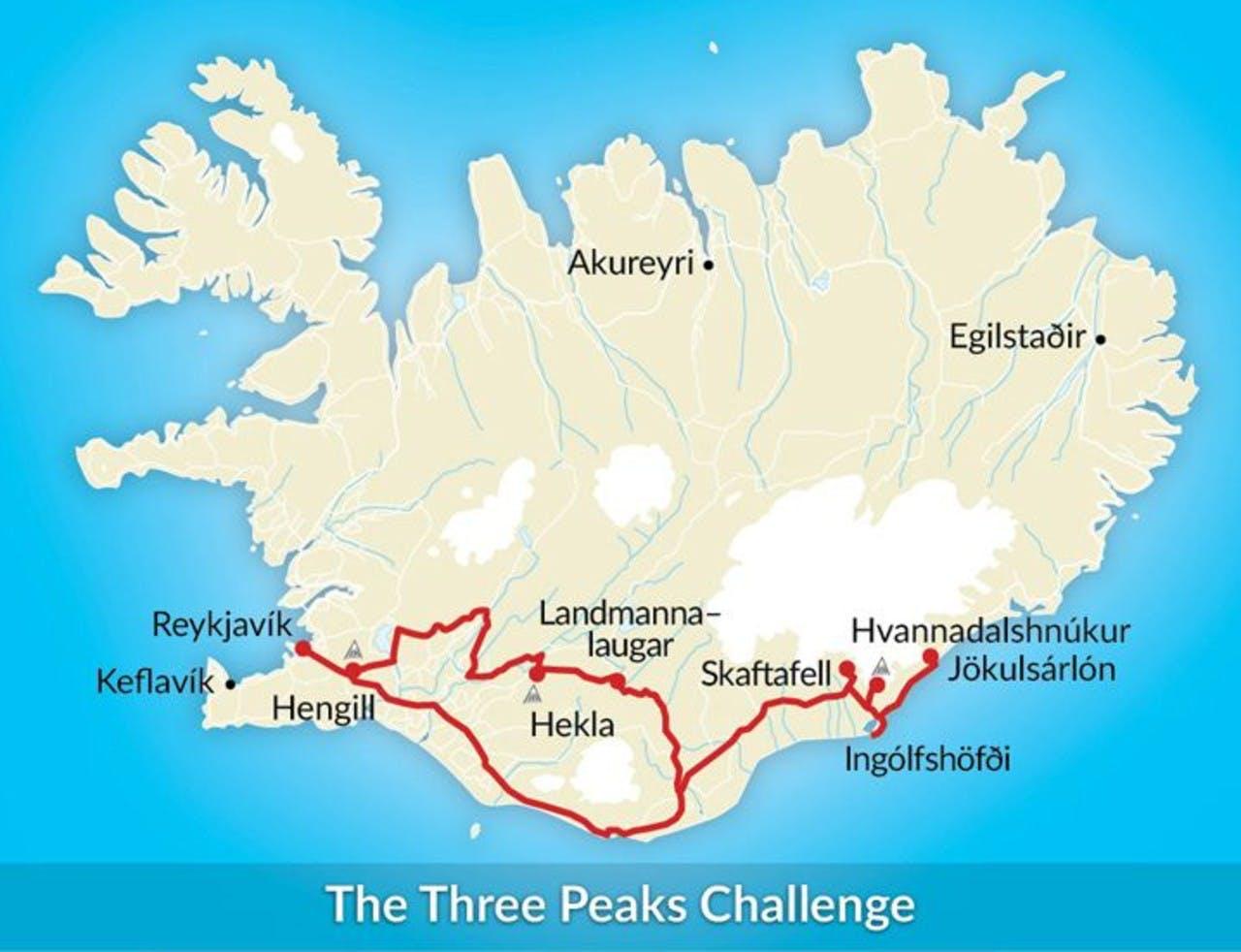 Map of Iceland showing the route the tour Three Peaks Challenge takes.