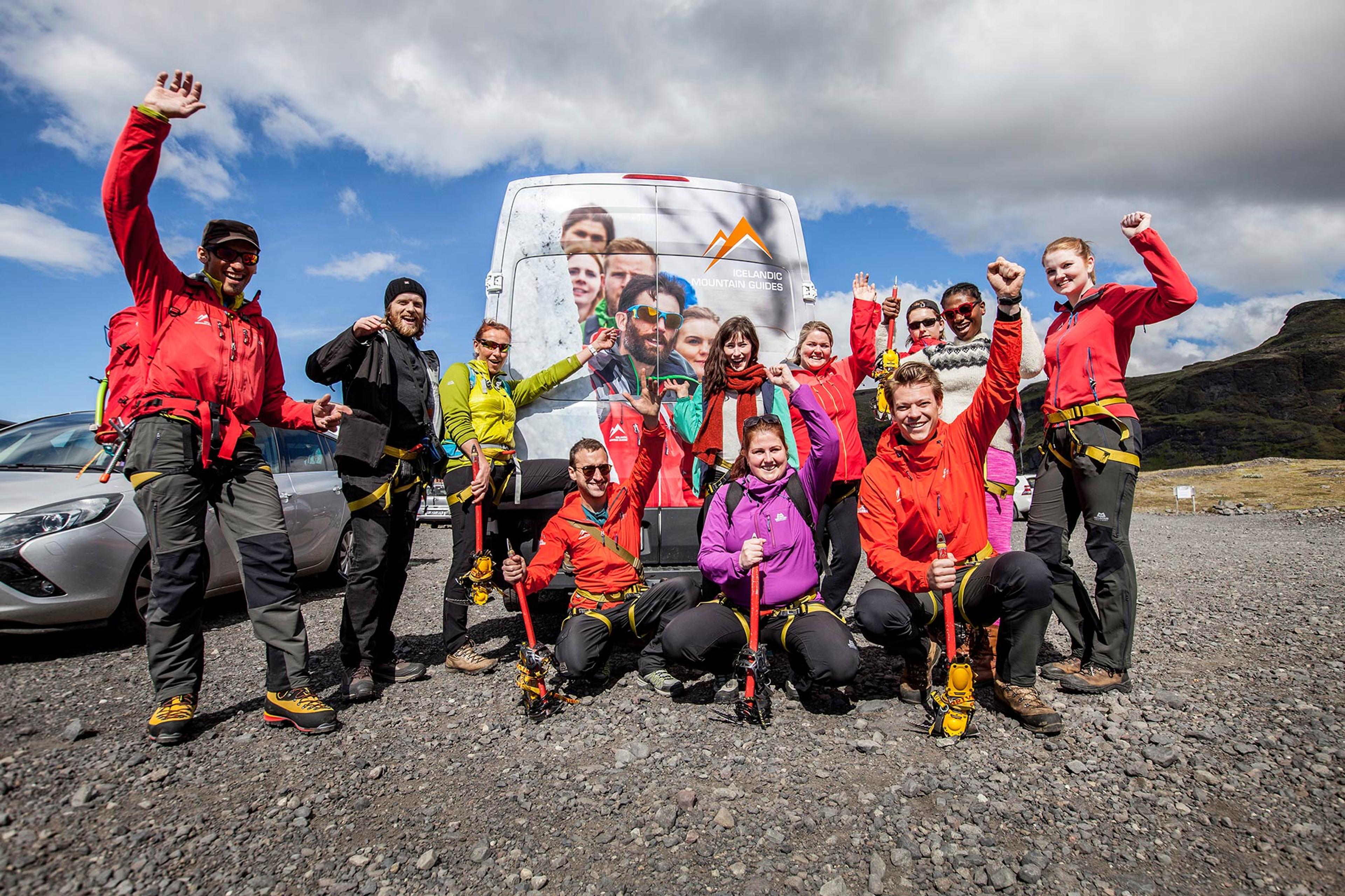 Picture of a group from Icelandic Mountain Guides ready for a glacier walk on Sólheimajökull in Iceland