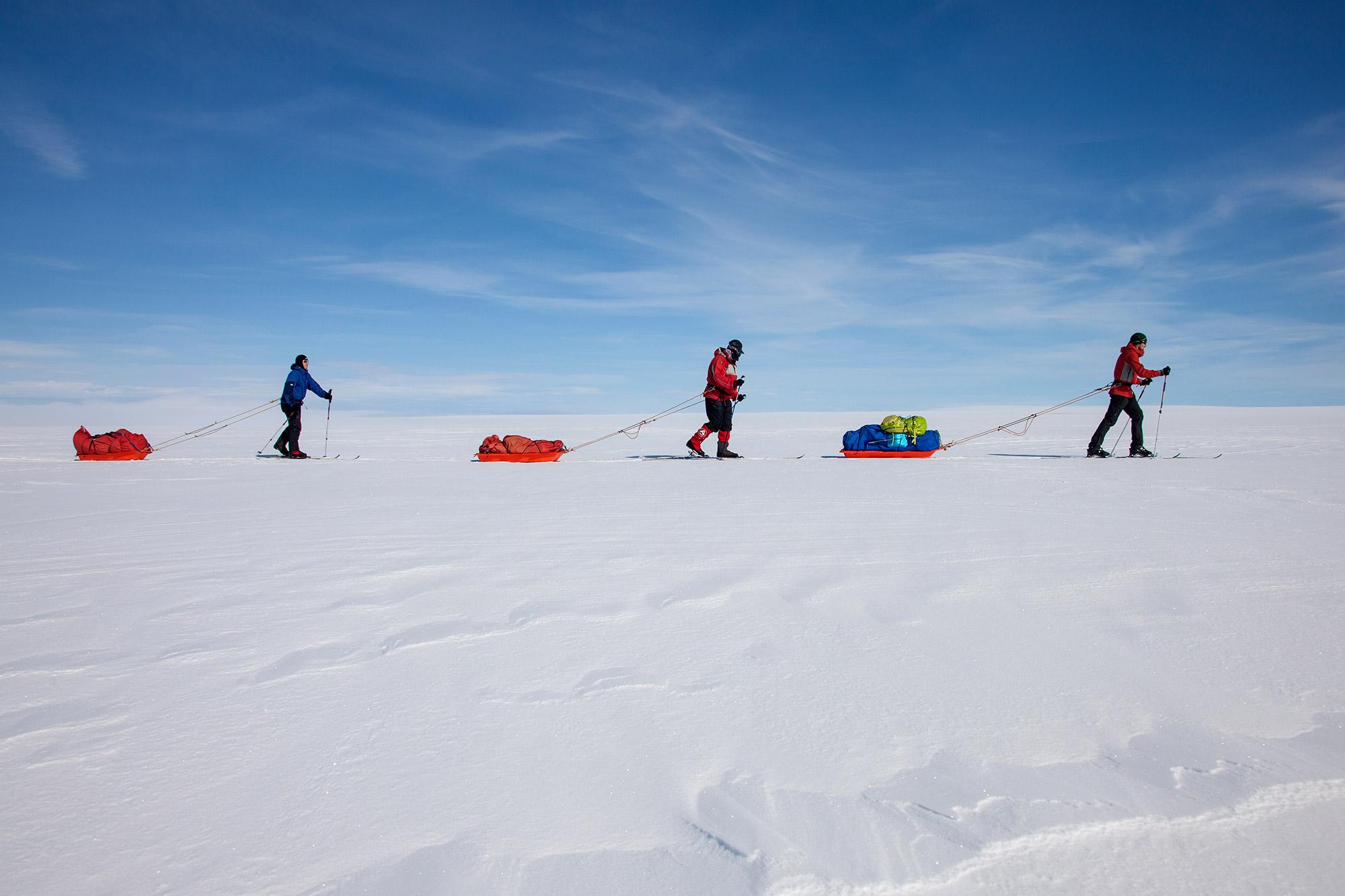 Three men skiing on Eruopes largest glacier, Vatnajökull