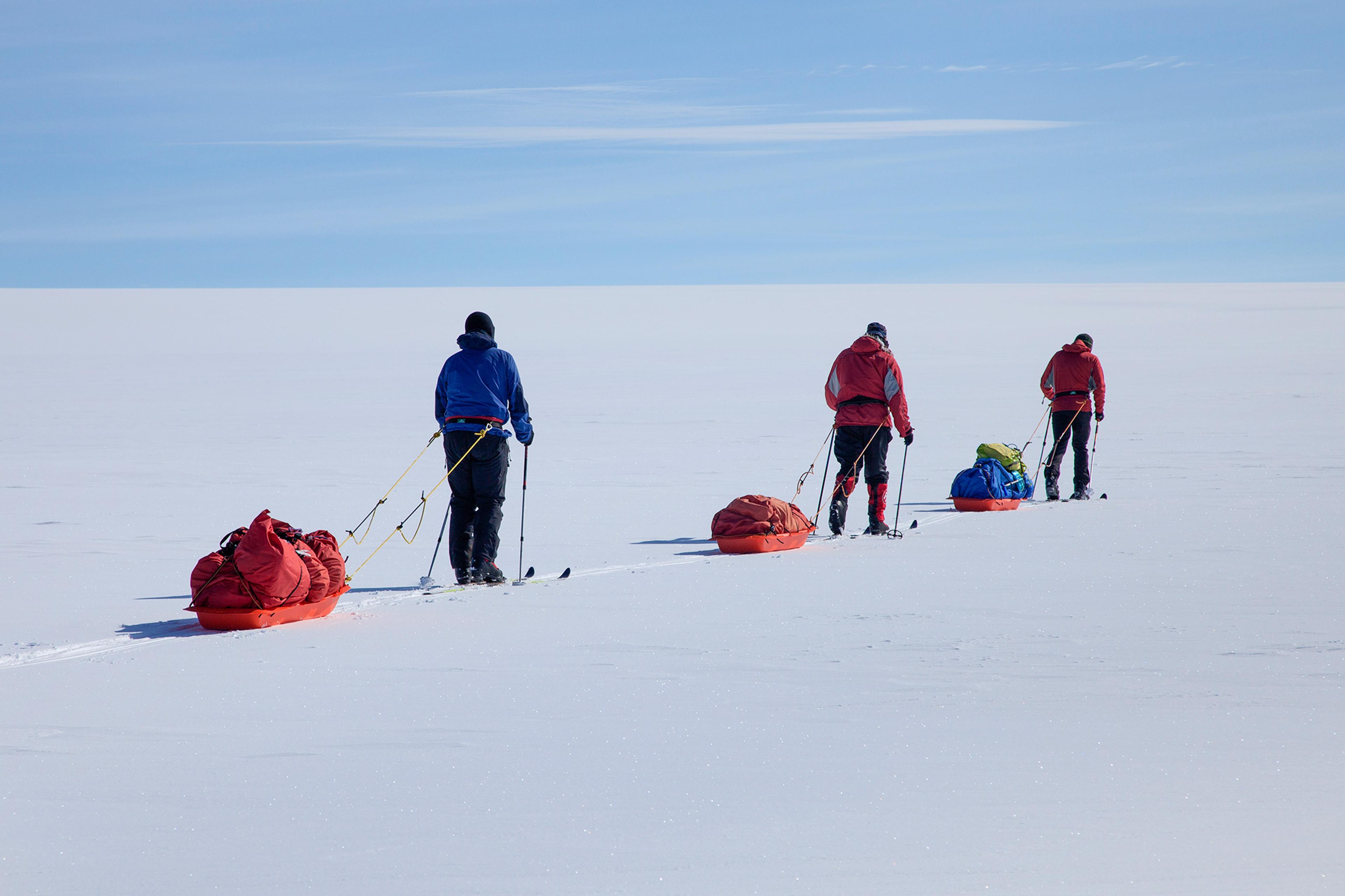 Skiers crossing a glacier pulling pulkas behind
