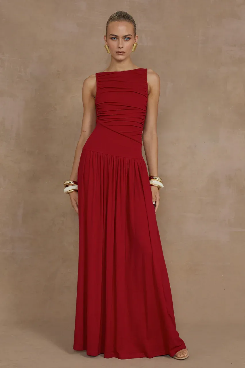 Woman in long red dress