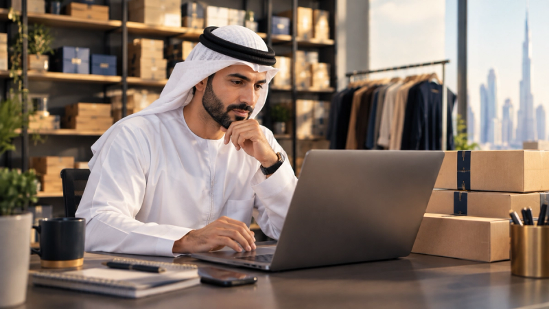 A UAE e-commerce business owner reviewing marketplace sales and stock levels on a laptop