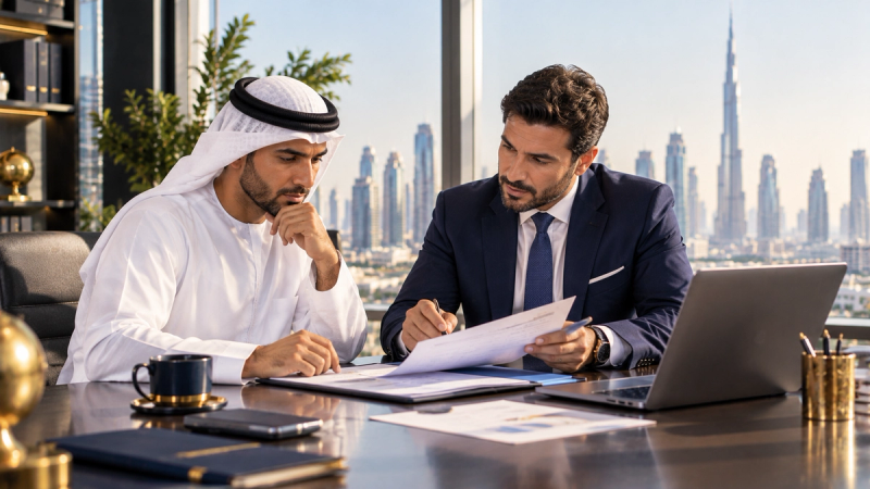 A business owner comparing free zone and mainland company options with an adviser in Dubai