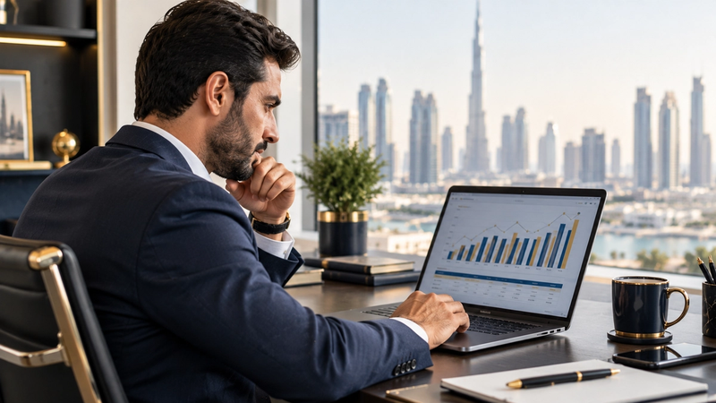 A business owner in Dubai reviewing a 13-week cash flow forecast on a laptop