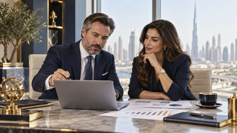 A fractional CFO reviewing financial forecasts with a business owner in a Dubai office