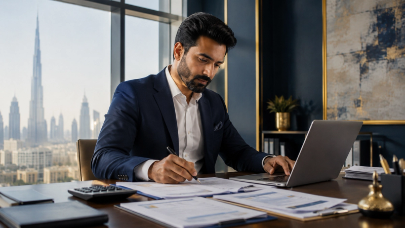 An outsourced accountant reviewing a UAE SME's bookkeeping and VAT records on a laptop in Dubai