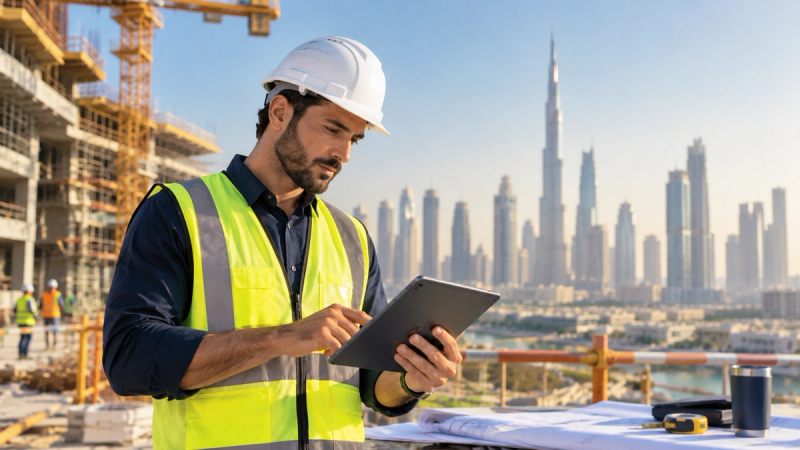 A UAE construction firm owner reviewing project costs and progress billing on site