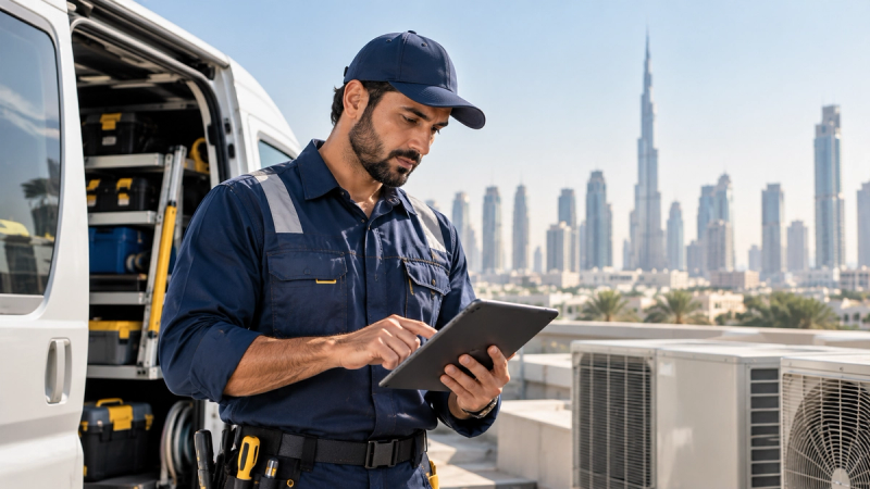 An HVAC contractor reviewing job costs and invoices on a tablet beside a service van in Dubai