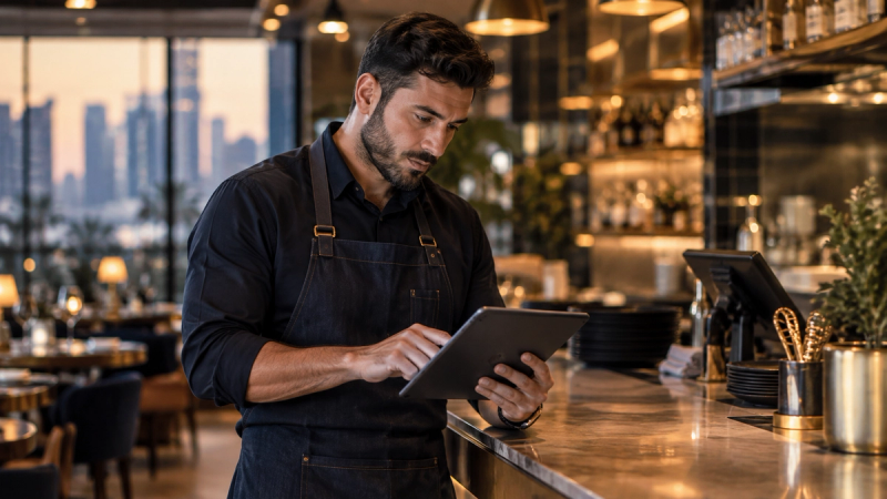 A Dubai restaurant owner checking daily takings and food costs on a tablet at the counter