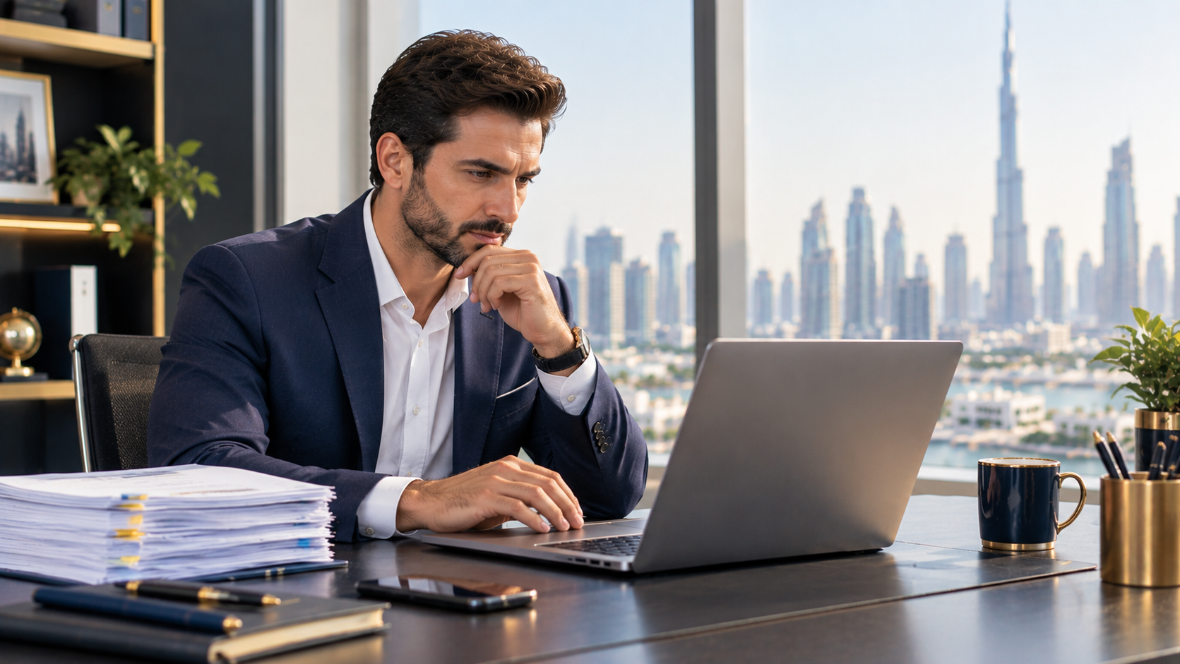 A UAE business owner reviewing a VAT return on a laptop with invoices on the desk