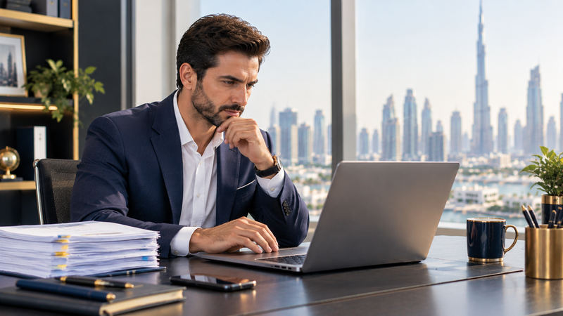 A UAE business owner reviewing a VAT return on a laptop with invoices on the desk