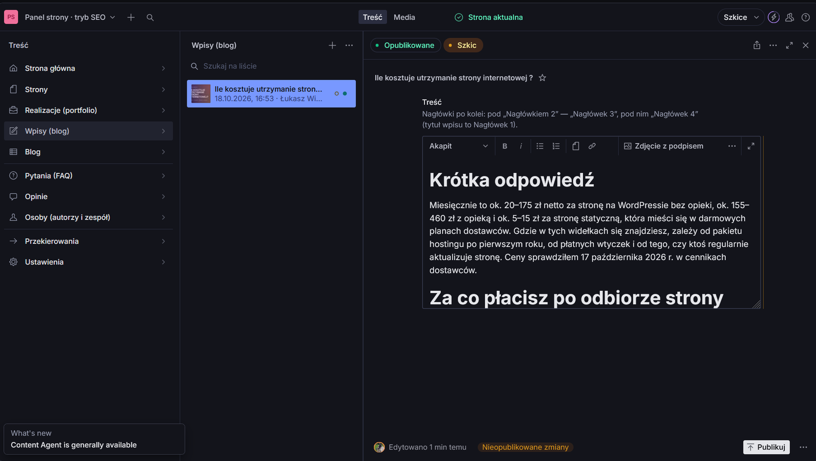 Panel treści strony ze szkicem tego wpisu, przyciskiem „Publikuj” i oznaczeniem „Strona aktualna” na górnym pasku