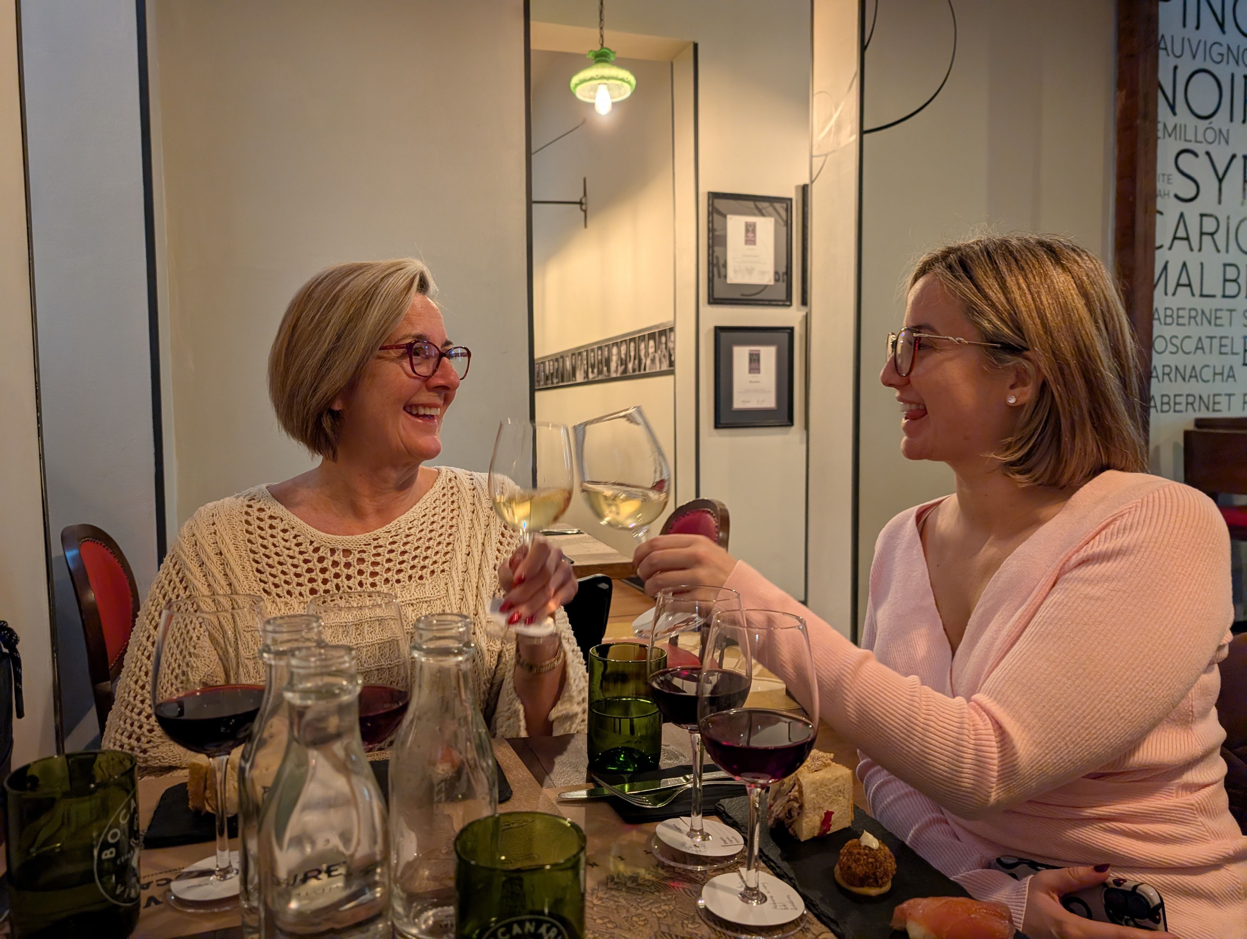 Two women toasting with glasses of red wine at the table