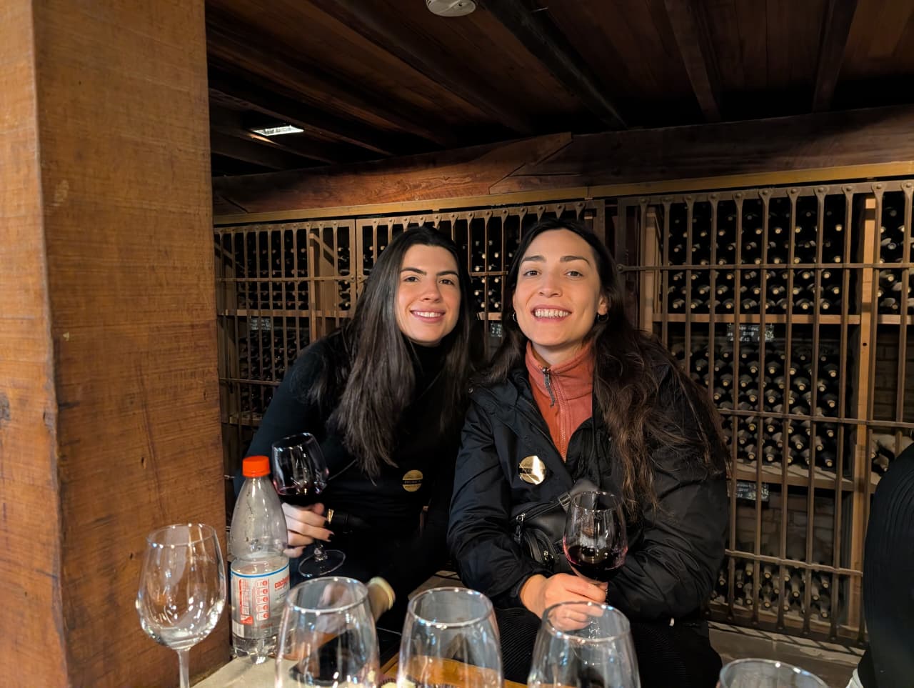 A couple toasting with wine glasses in the cellar, wine racks lining the wall behind them