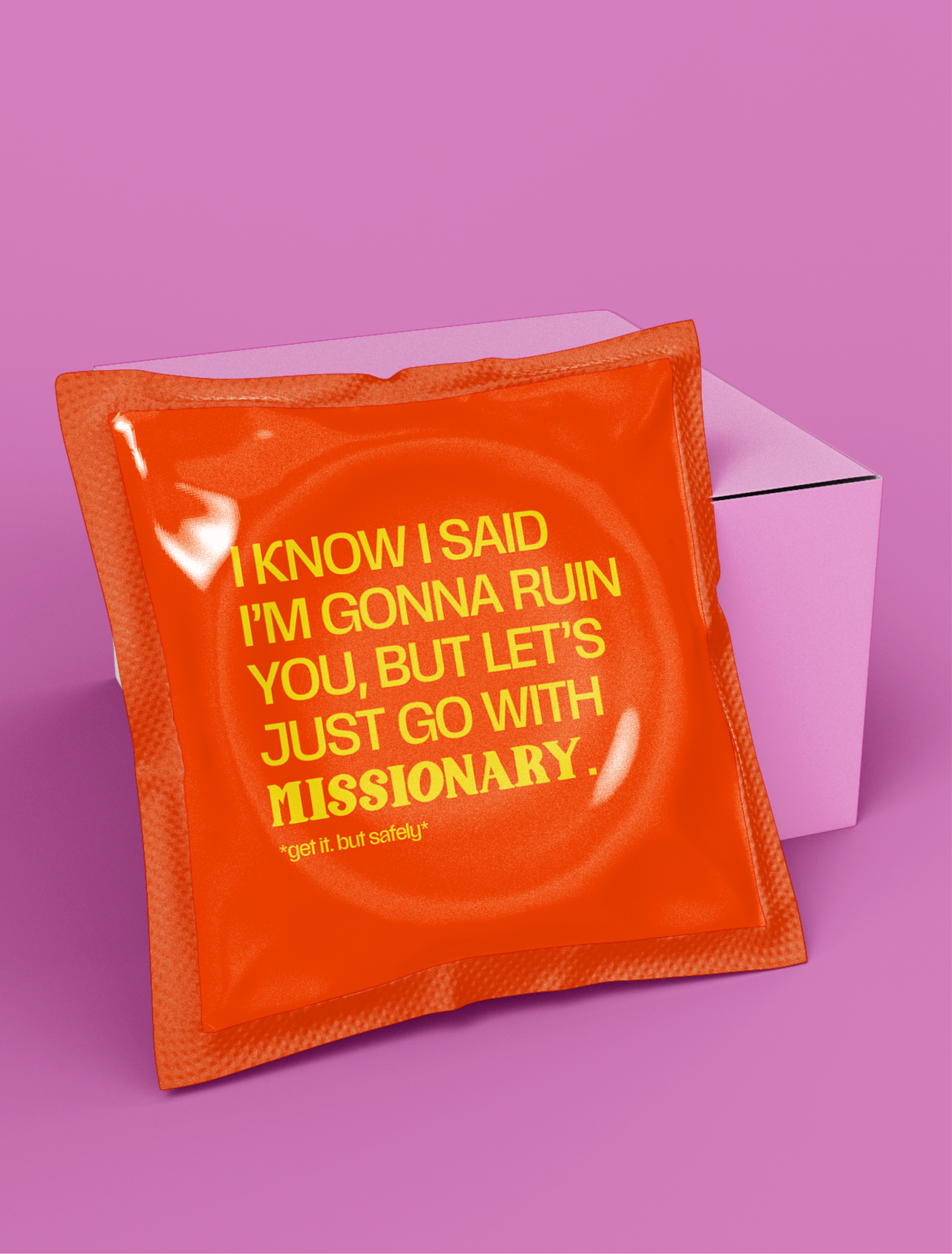 An orange Hedone wrapper on a pink box: "I know I said I'm gonna ruin you, but let's just go with missionary."