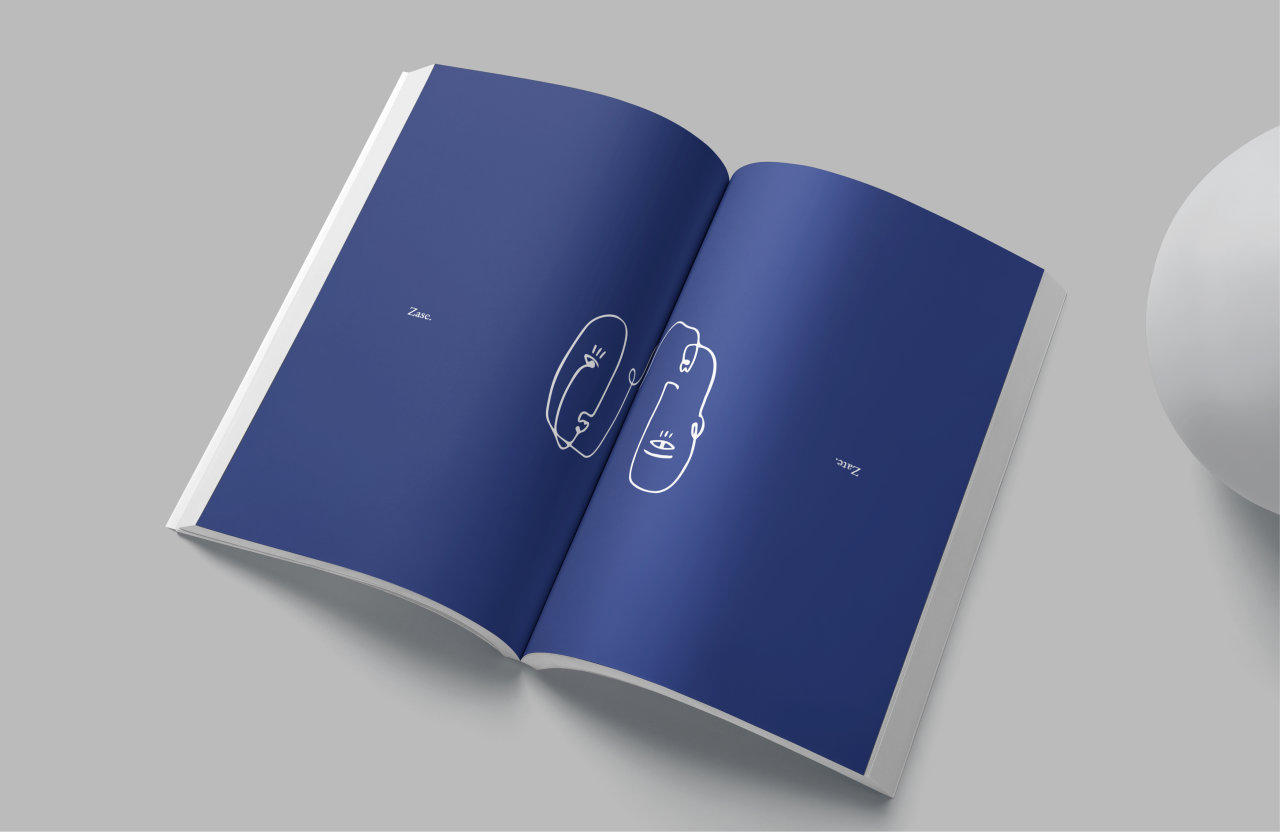 A navy spread where two white line-drawn faces meet, "Zase." on one page and "Zate." upside down.