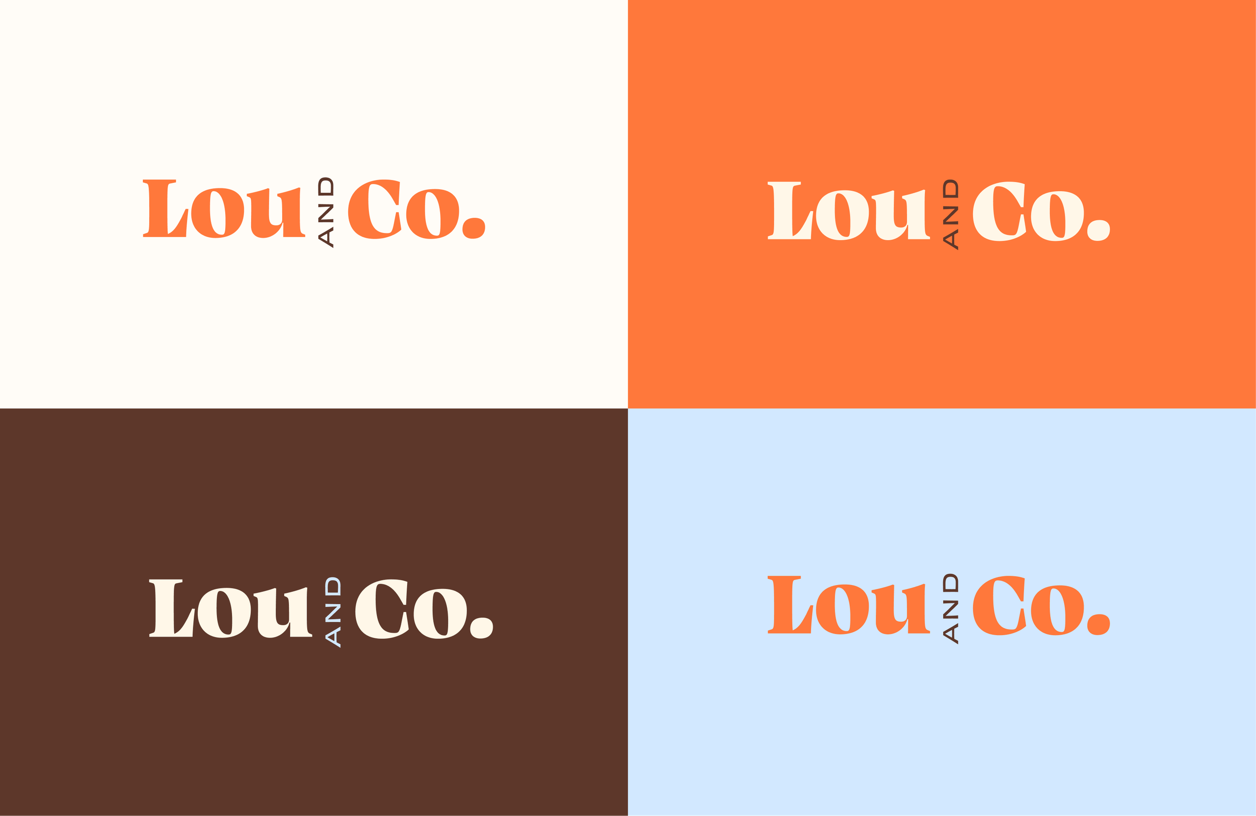 The Lou & Co. wordmark in four colourways: on cream, on orange, on brown and on pale blue.