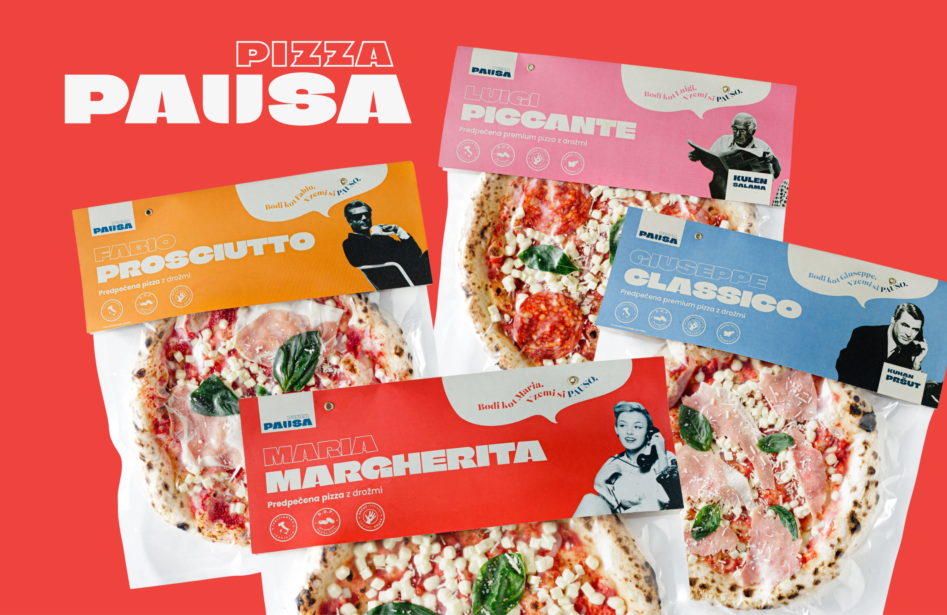 Four Pausa frozen pizzas in clear bags with orange, pink, blue and red headers, under "Pizza Pausa".