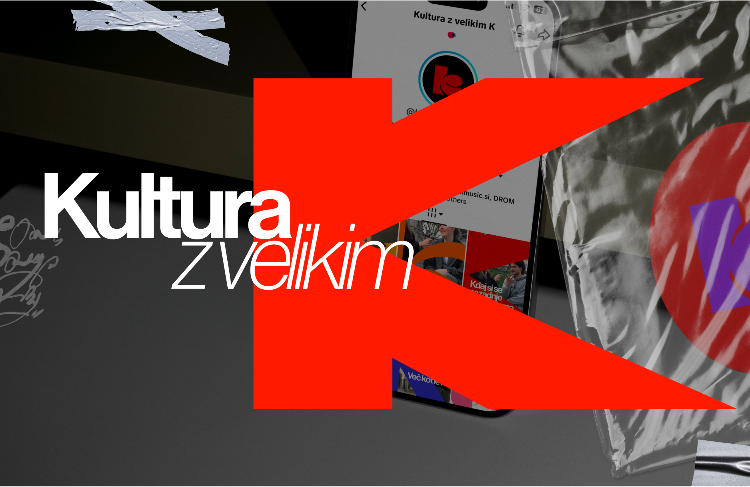 The "Kultura z velikim K" title with a giant red K, over a phone showing its TikTok profile.