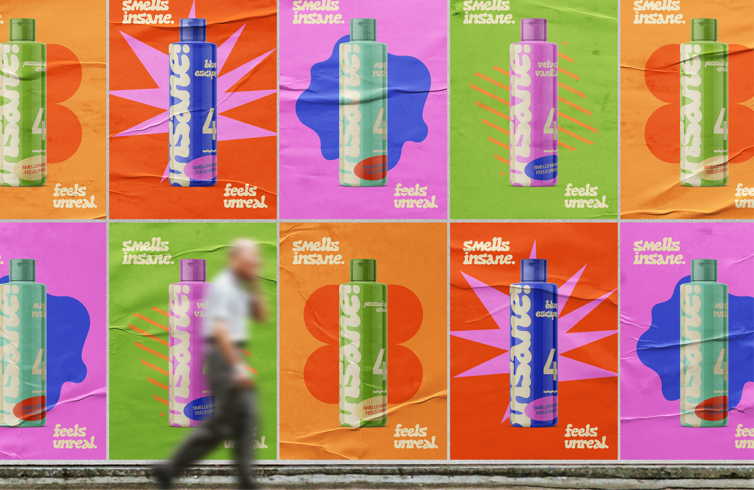 A wall of Insane posters in orange, pink and green, each with a bottle, as a man walks past in a blur.