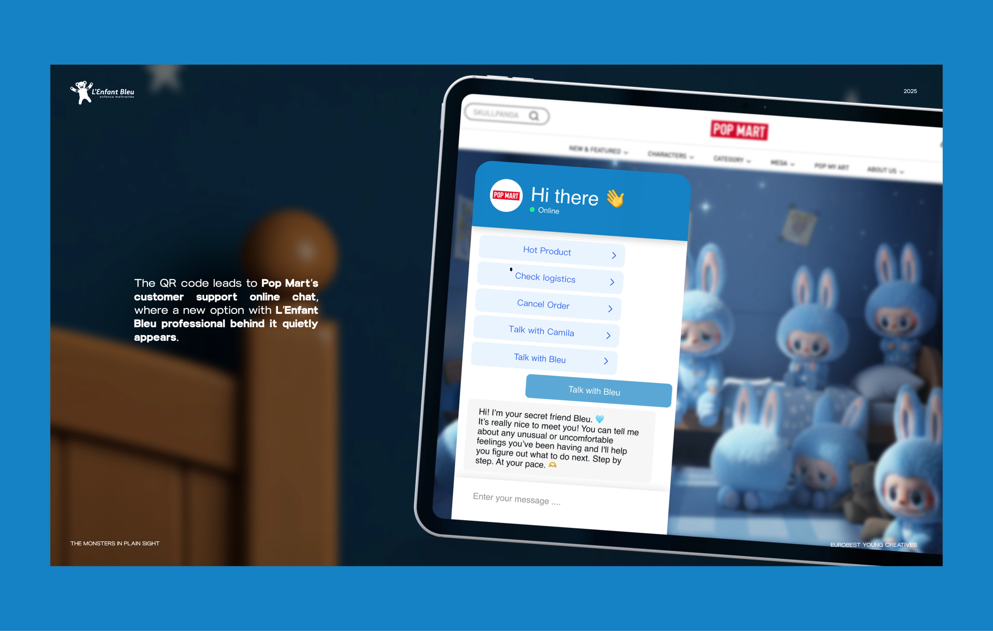 A tablet on dark blue showing the POP MART site with a support chat offering "Talk with Bleu".
