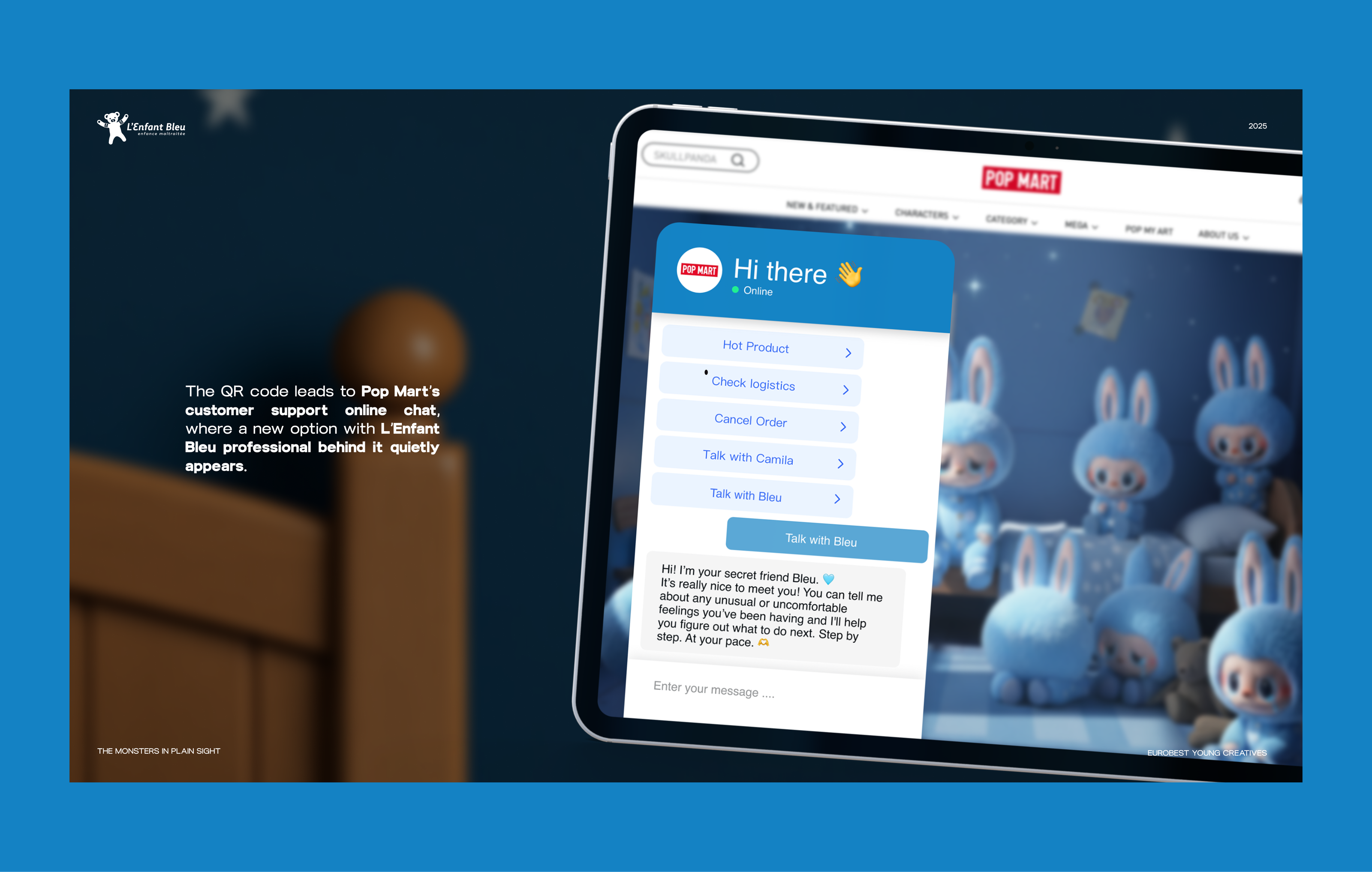 A tablet on dark blue showing the POP MART site with a support chat offering "Talk with Bleu".