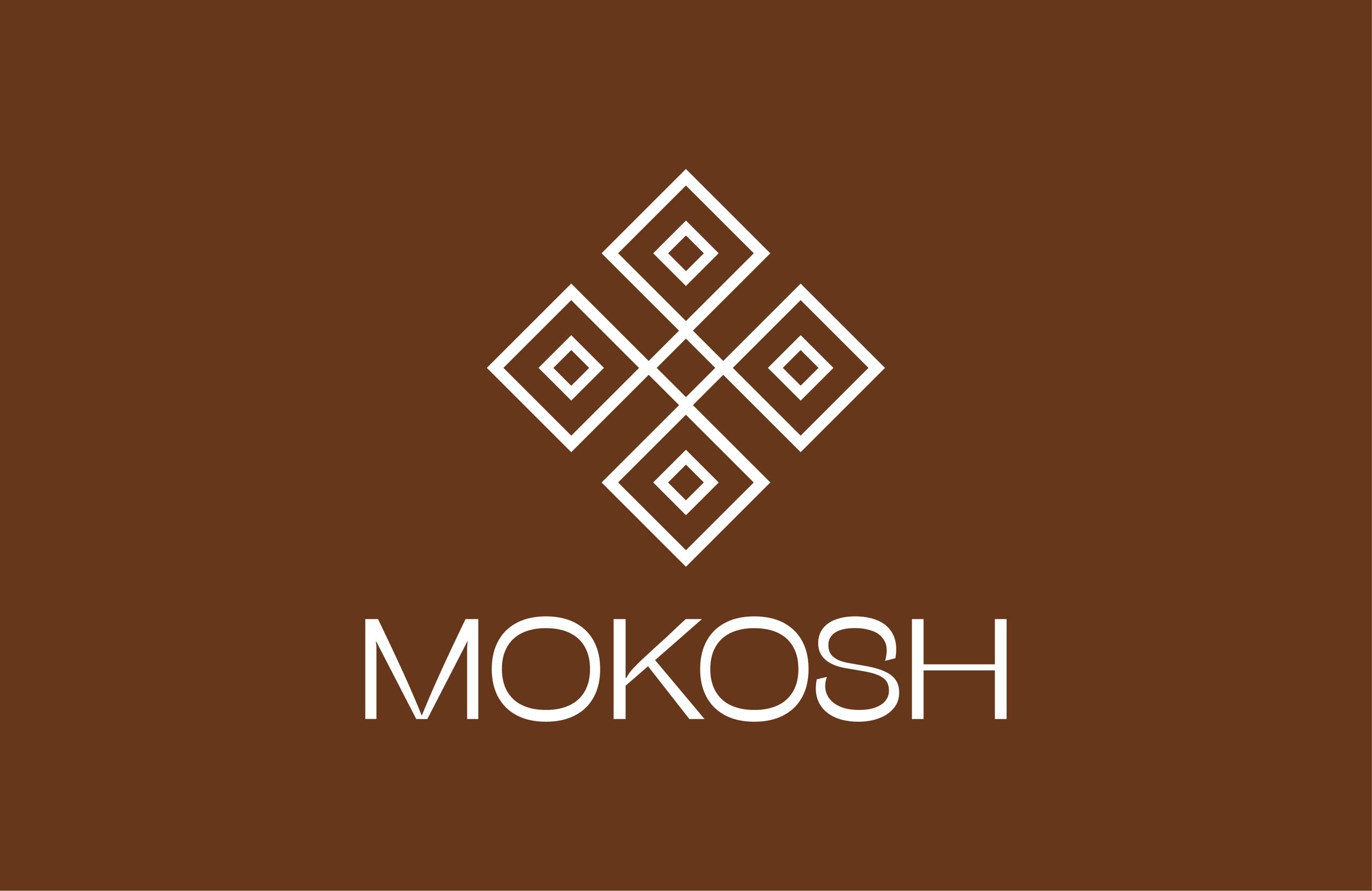 The Mokosh logo in white on brown: four interlocking diamonds above the wordmark in capitals.