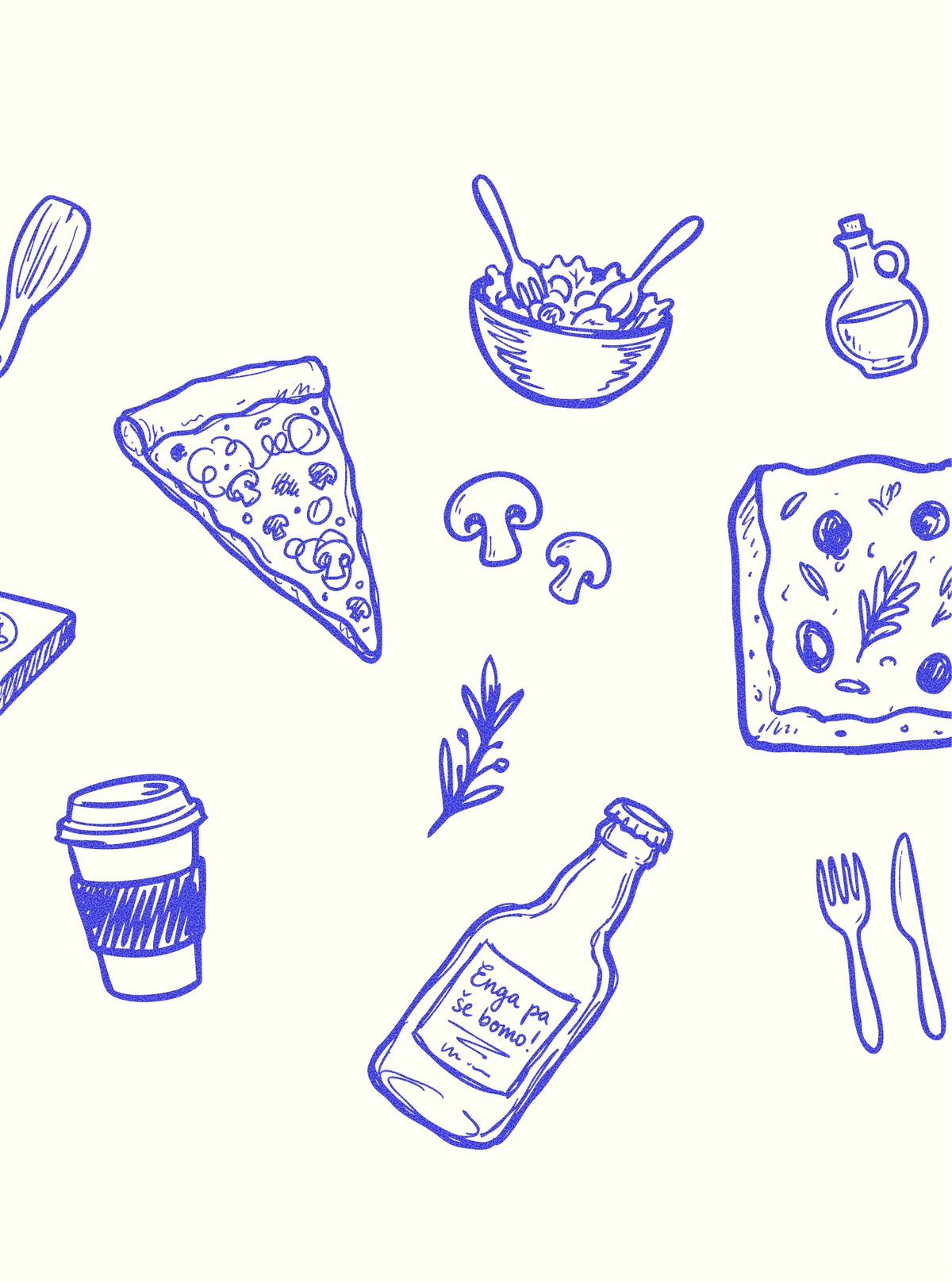 Blue line drawings on cream: a pizza slice, focaccia, a salad bowl, a coffee cup, a bottle and cutlery.