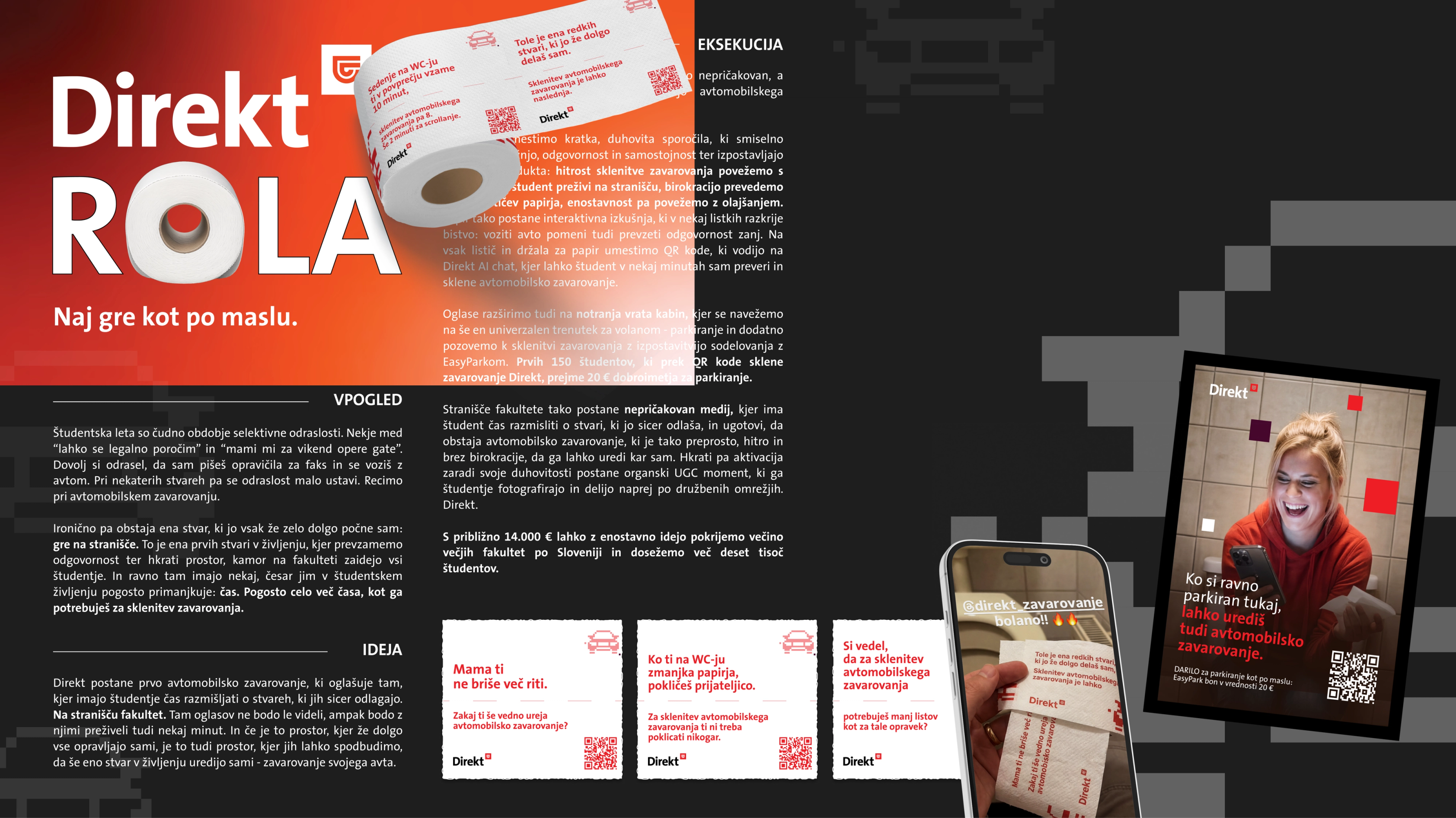The Direkt Rola campaign board: a printed toilet roll on orange, Slovene copy, QR-coded sheets and a poster.