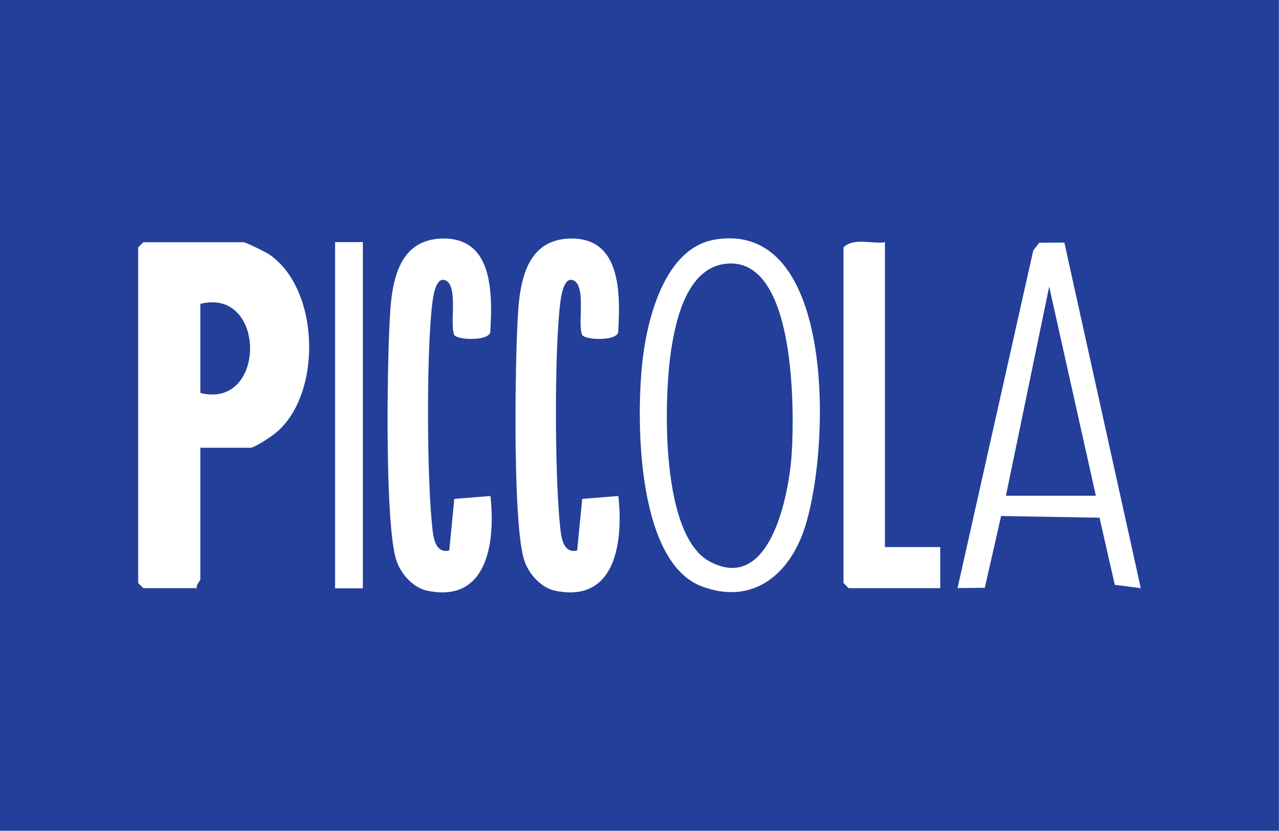 The Piccola wordmark in white on cobalt blue, its letters in mixed widths.