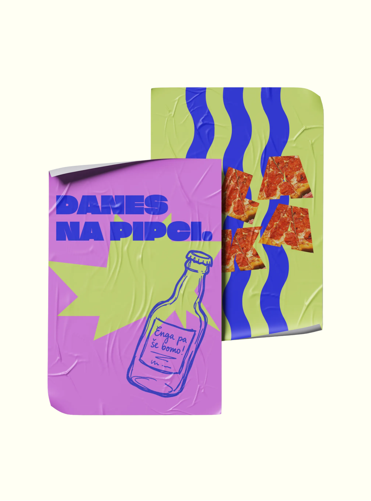 Two creased Slavka posters: pink with "Danes na pipci." and a drawn bottle, green with blue waves.