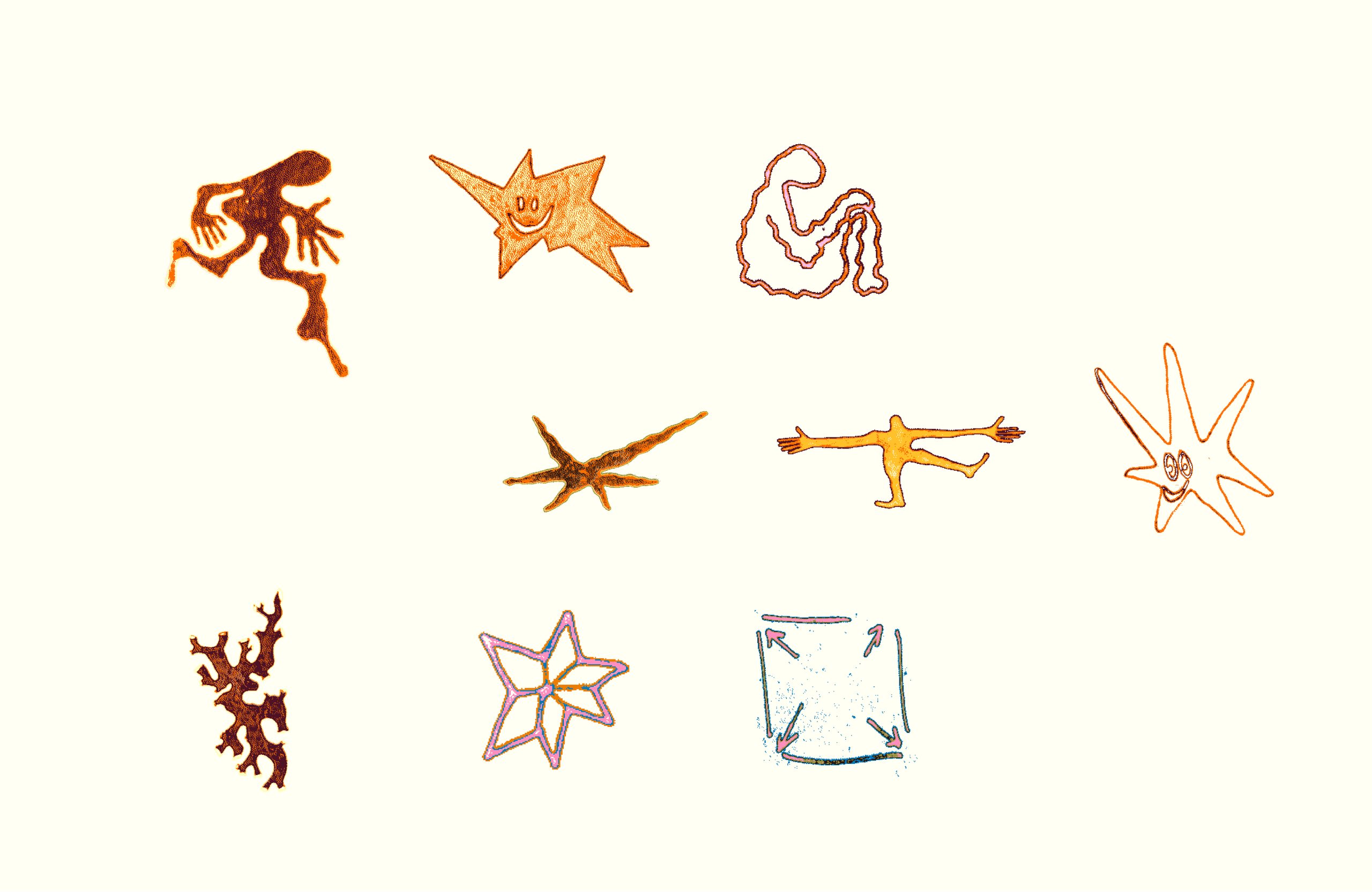 Loose hand-drawn figures, stars and squiggles from the festival illustrations.