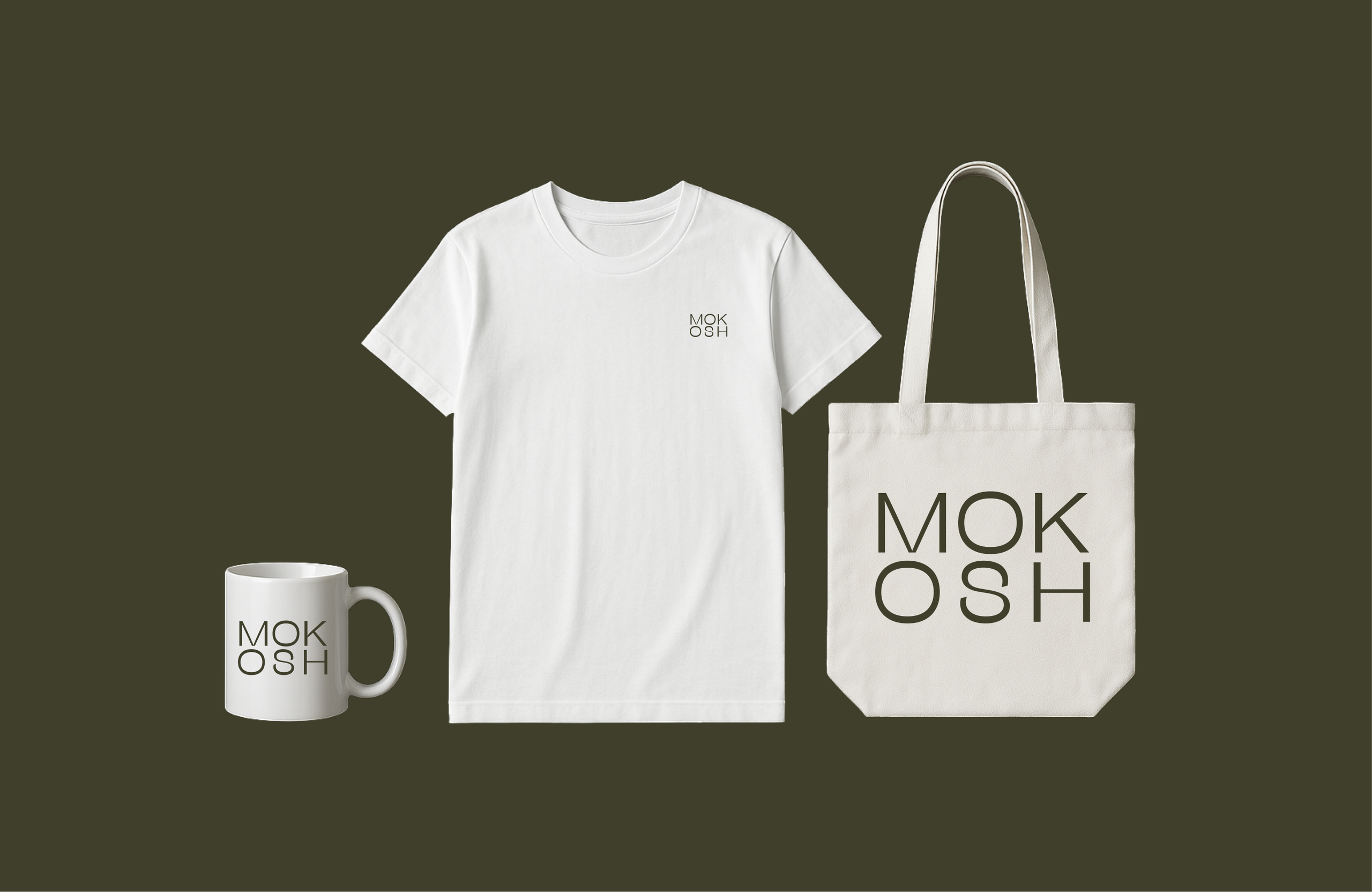 A white mug, a white T-shirt and a cream tote printed with the stacked Mokosh wordmark, on dark olive.