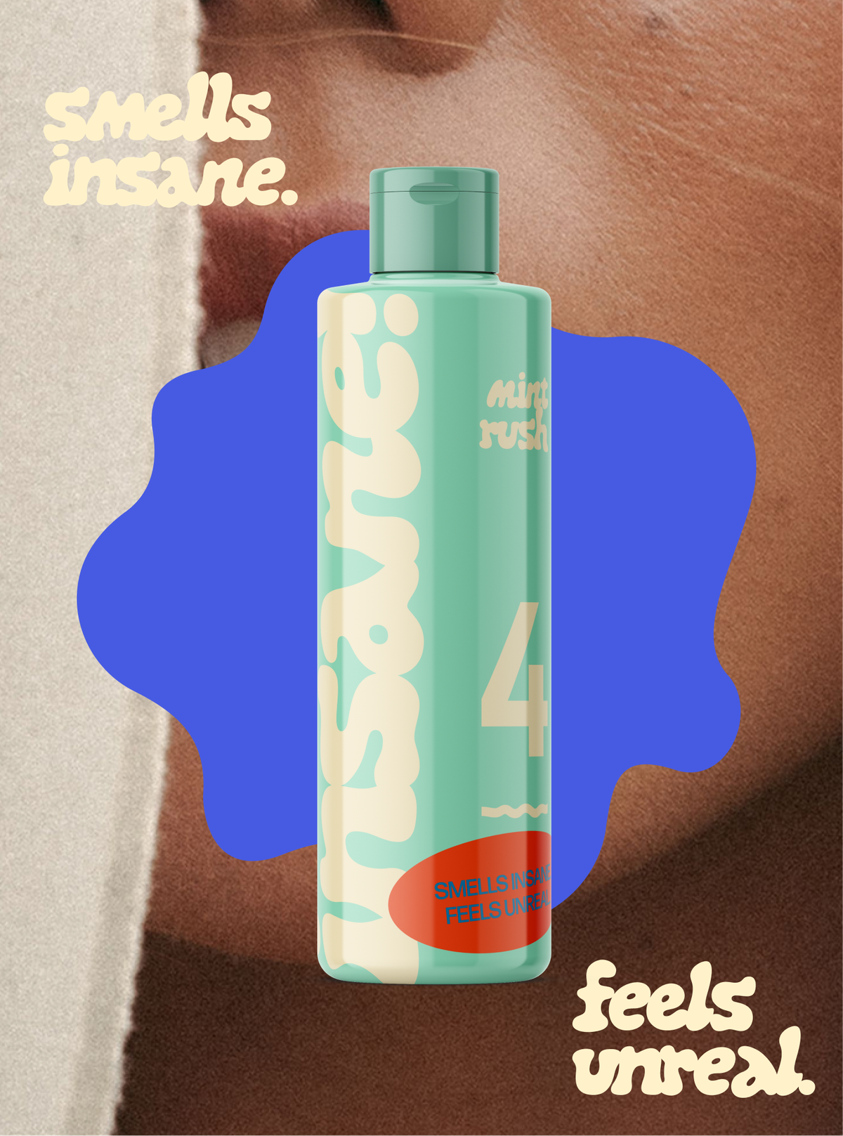 The mint "Mint rush" bottle on a blue splash, over a close-up of a woman's lips and cheek.