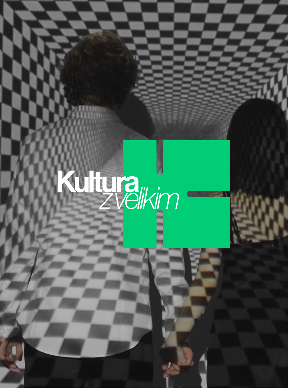 The Kultura z velikim K lockup with a green K, over two people in a black-and-white chequered tunnel.