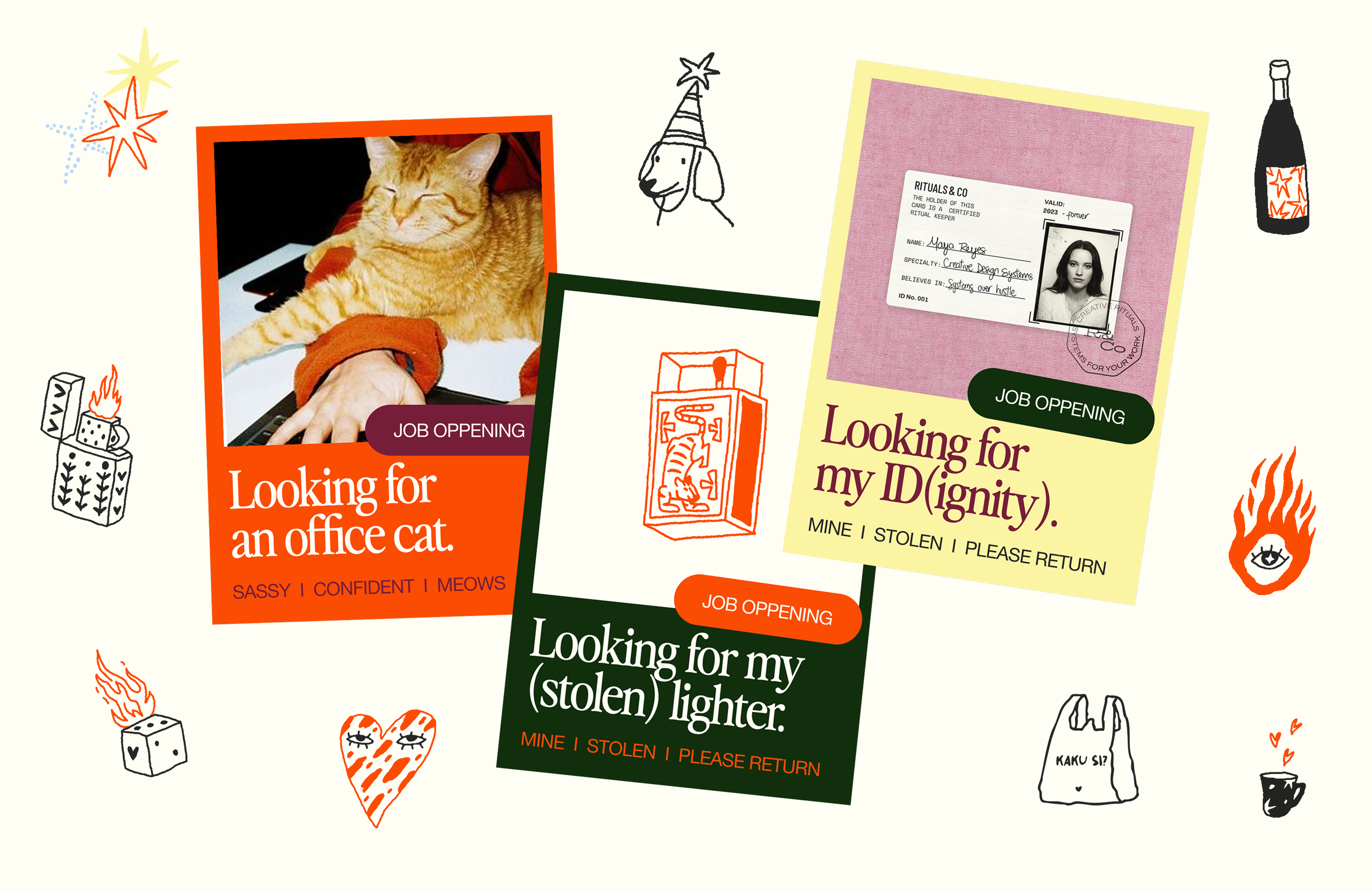Three DROM job-ad cards, one reading "Looking for an office cat.", among small hand-drawn doodles.