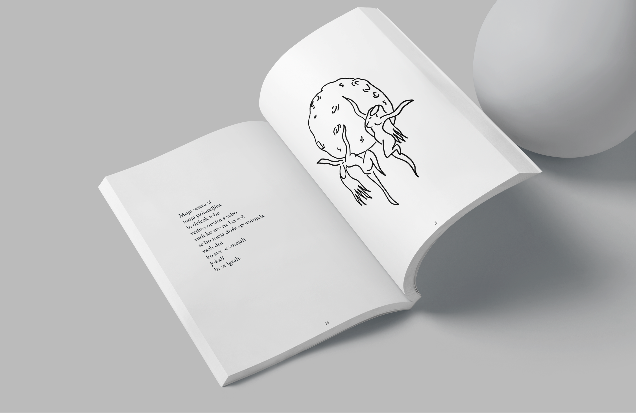 An open spread: a short Slovene poem on the left, a line drawing of two figures and a moon on the right.
