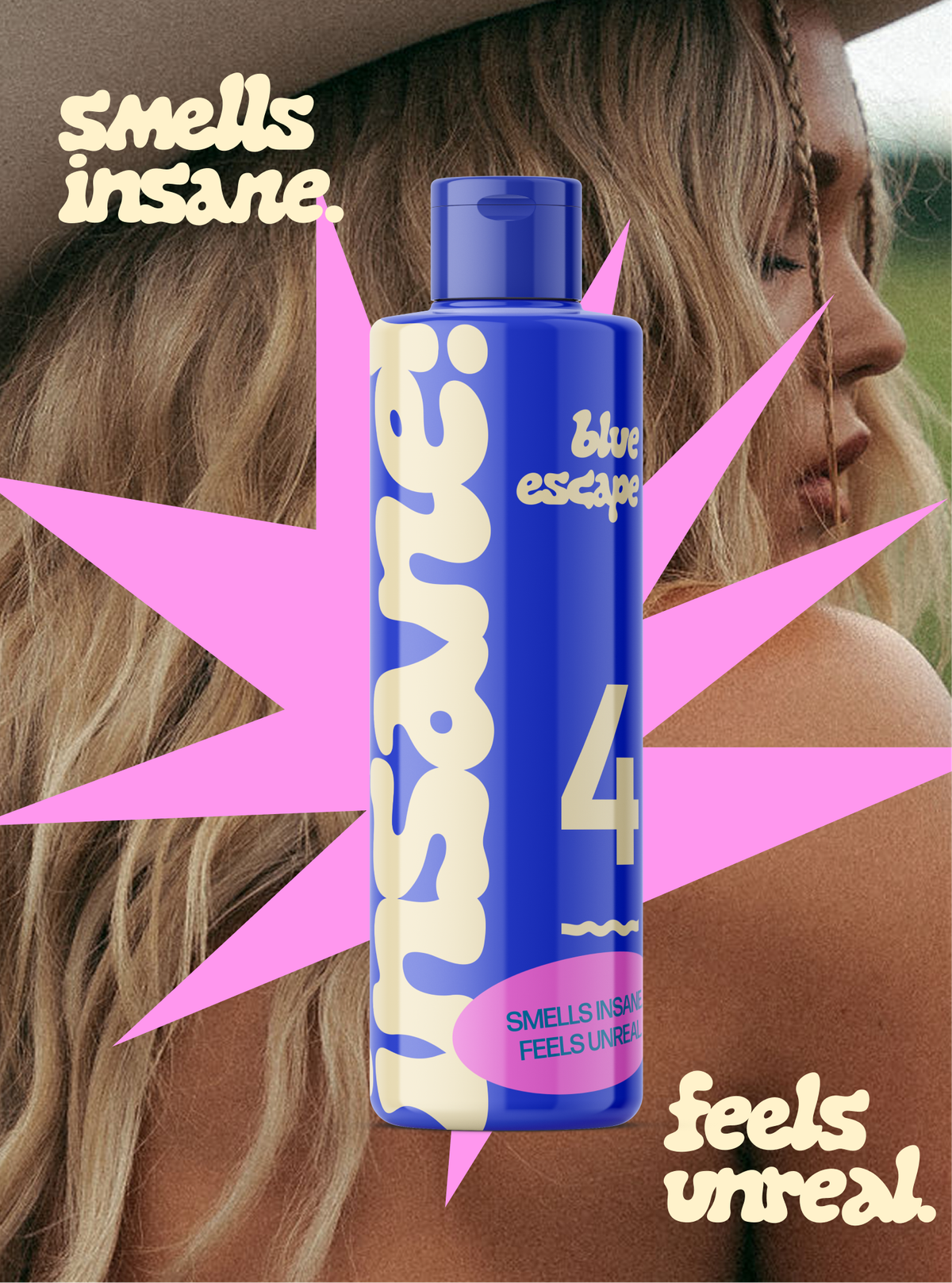 The blue "Blue escape" bottle on a pink starburst, over a woman with long blonde hair and a hat.