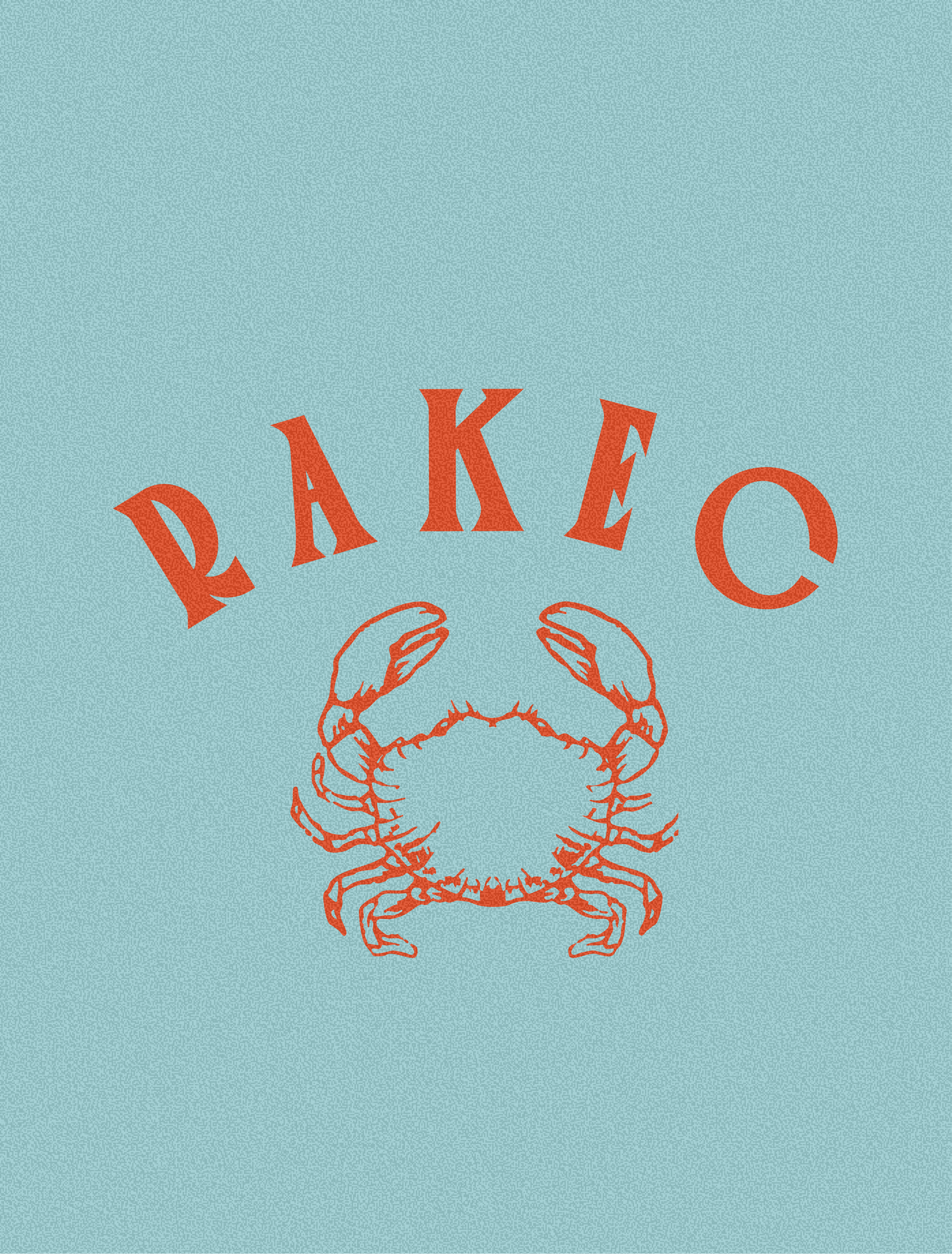 The arched Rakec wordmark above a drawn crab, in orange-red on pale teal.