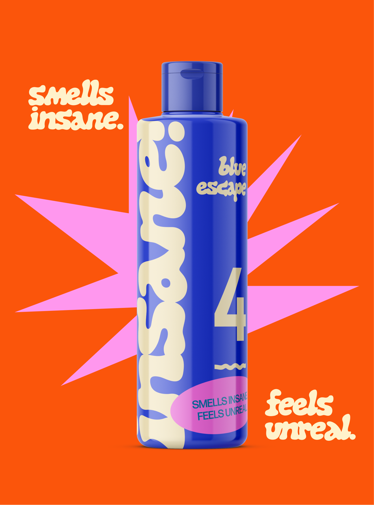 The blue "Blue escape" bottle on orange with a pink starburst, between "Smells insane." and "Feels unreal."
