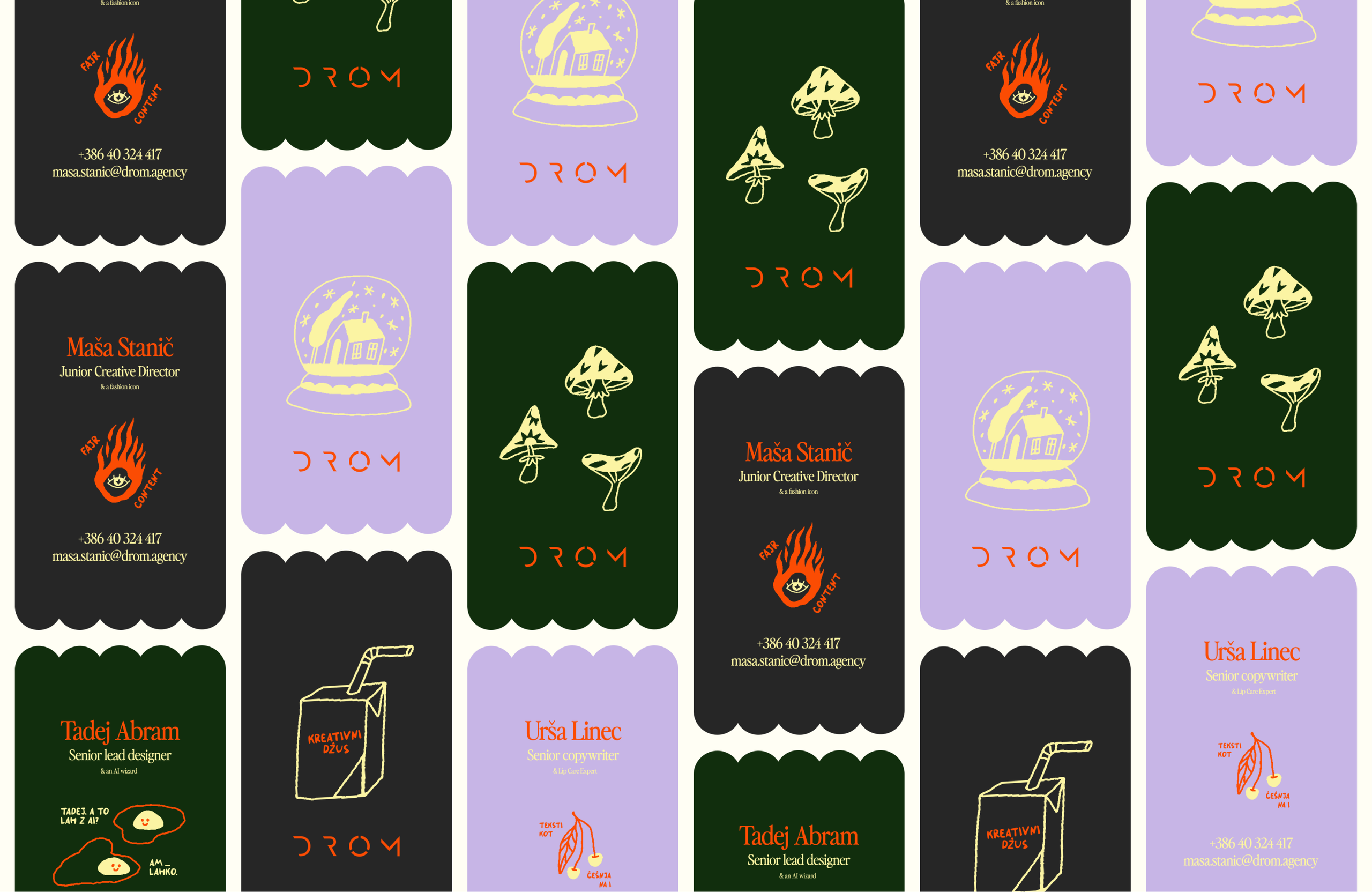 Scallop-edged DROM business cards in black, green and lilac, with drawn mushrooms, snow globes and flames.