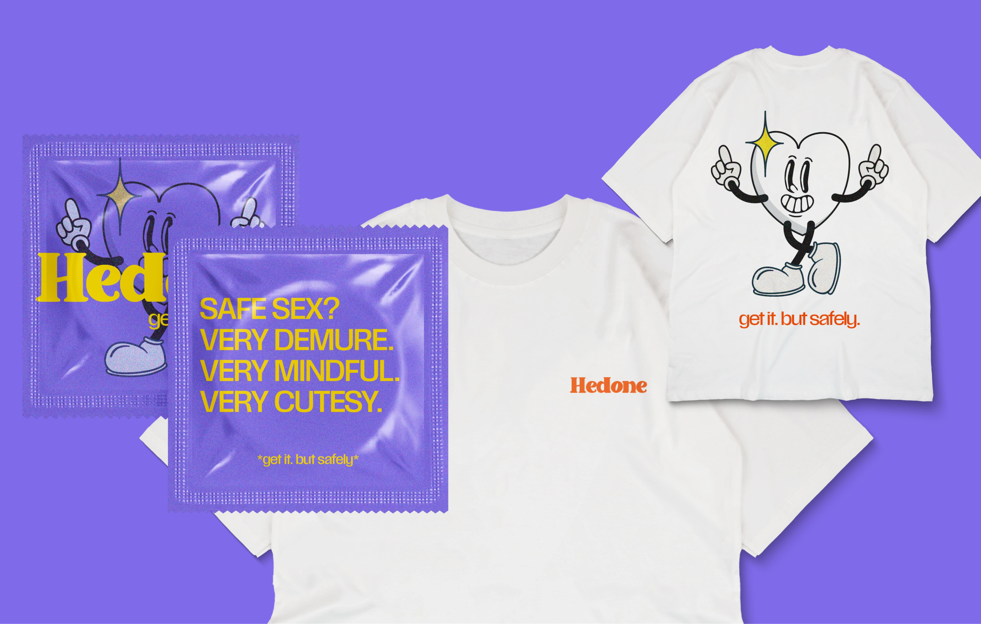 Purple Hedone wrappers reading "Safe sex? Very demure." beside white T-shirts with the heart mascot.