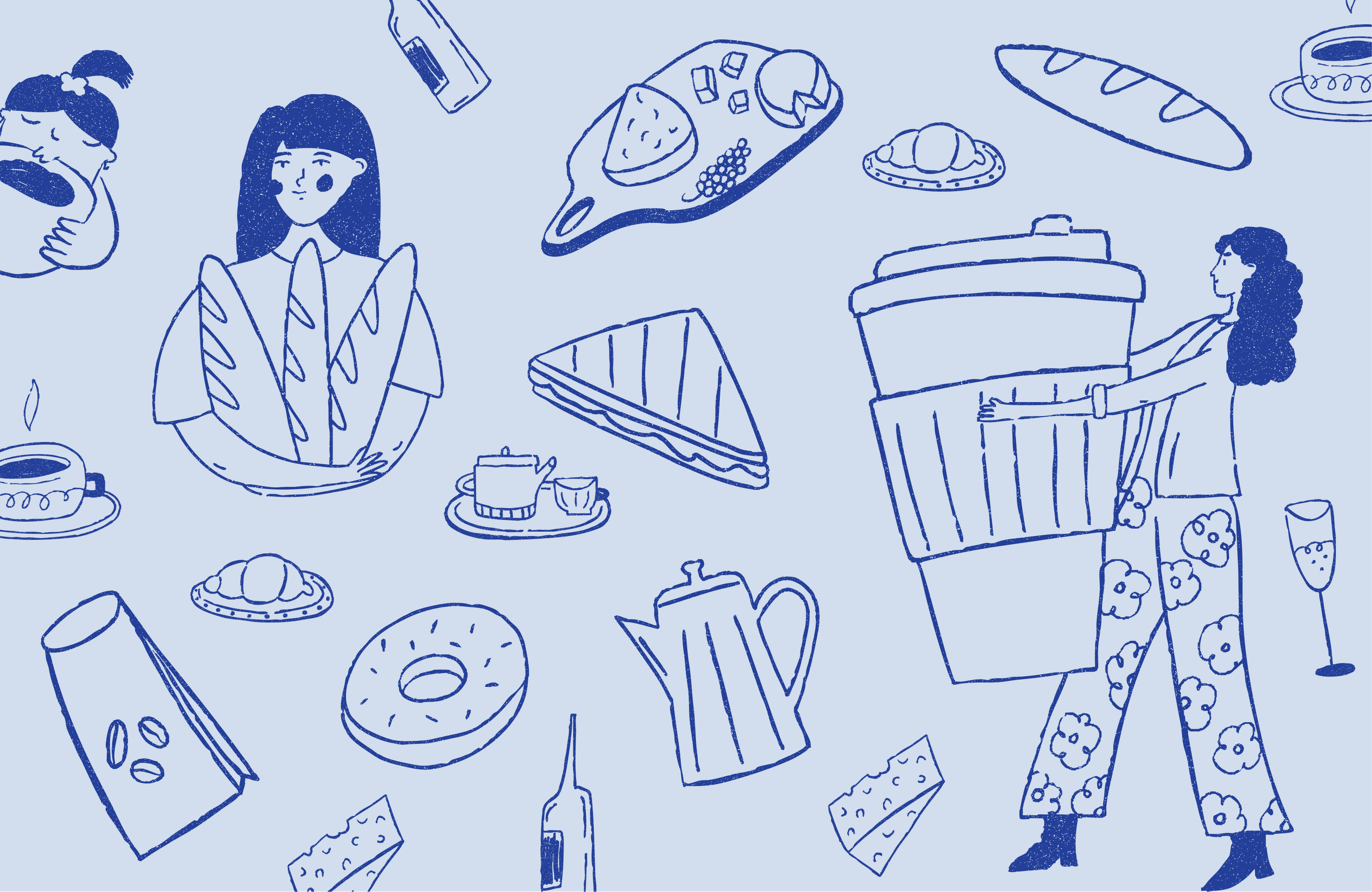 Hand-drawn blue illustrations of café food, drinks and people on pale blue.