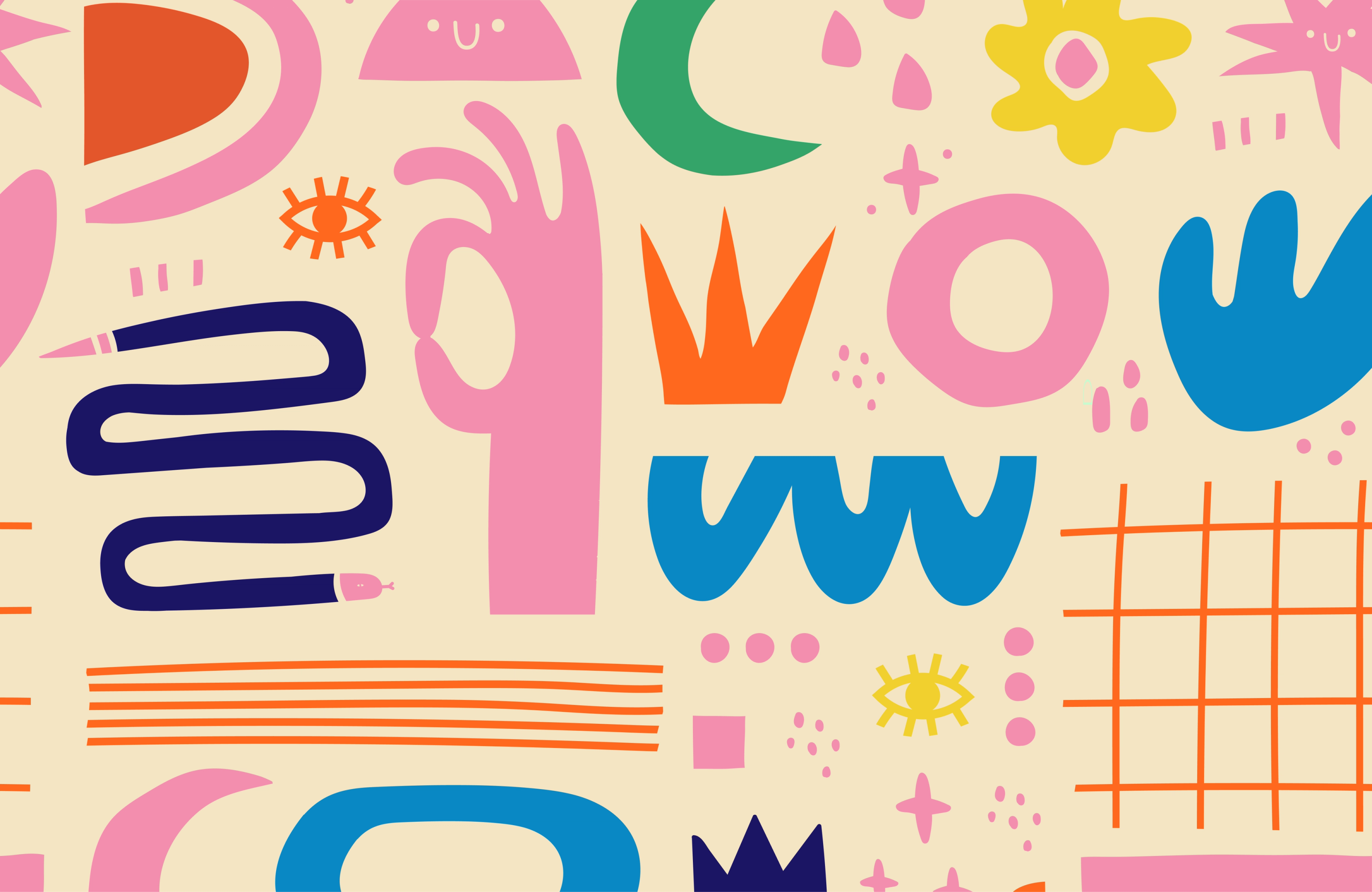 A pattern of colourful cut-out shapes on cream: an OK hand, a squiggle, eyes, a flower and a grid.