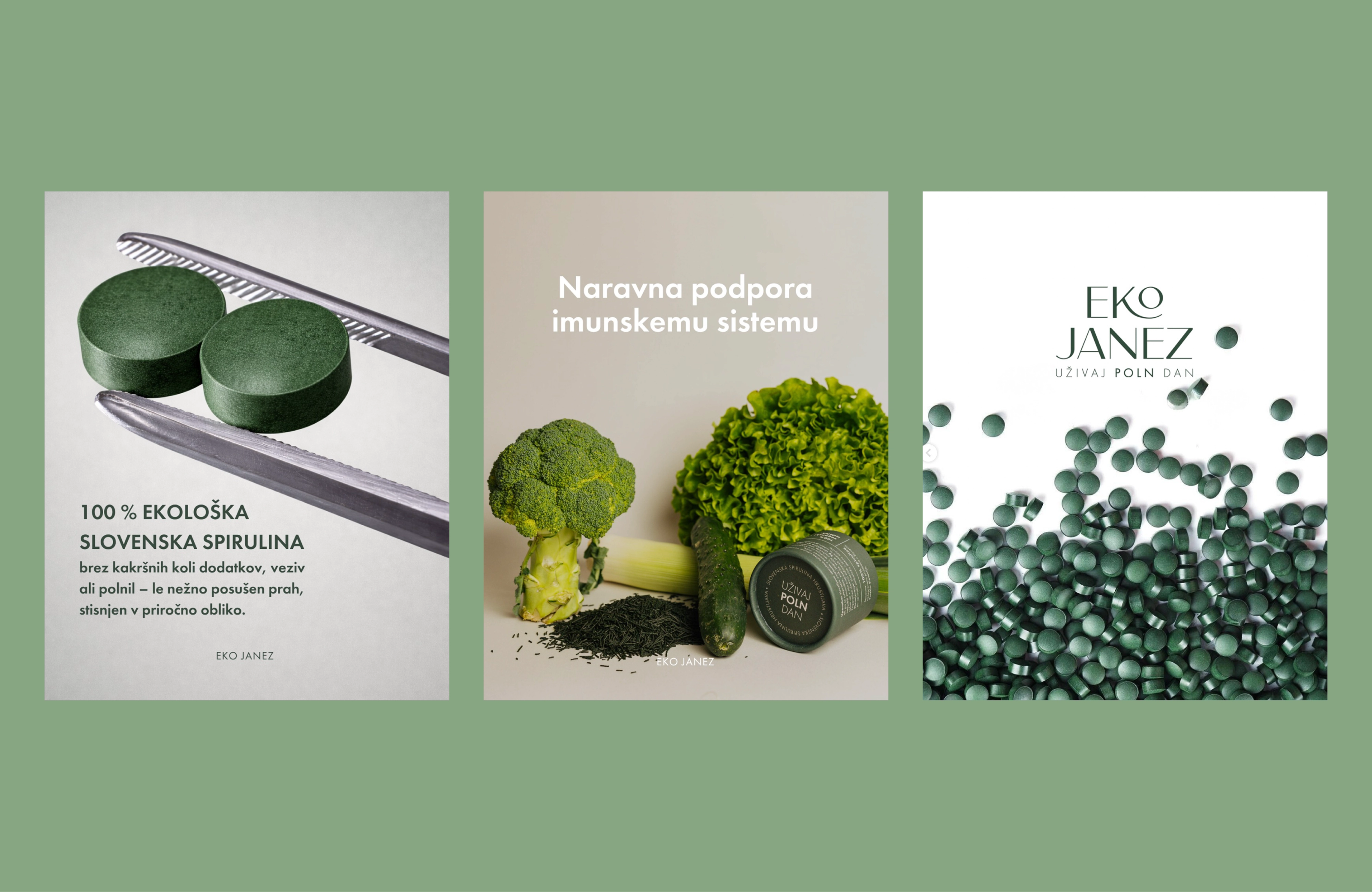 Three Eko Janez posts: tablets held in tweezers, greens beside a tin, and a spill of green tablets.