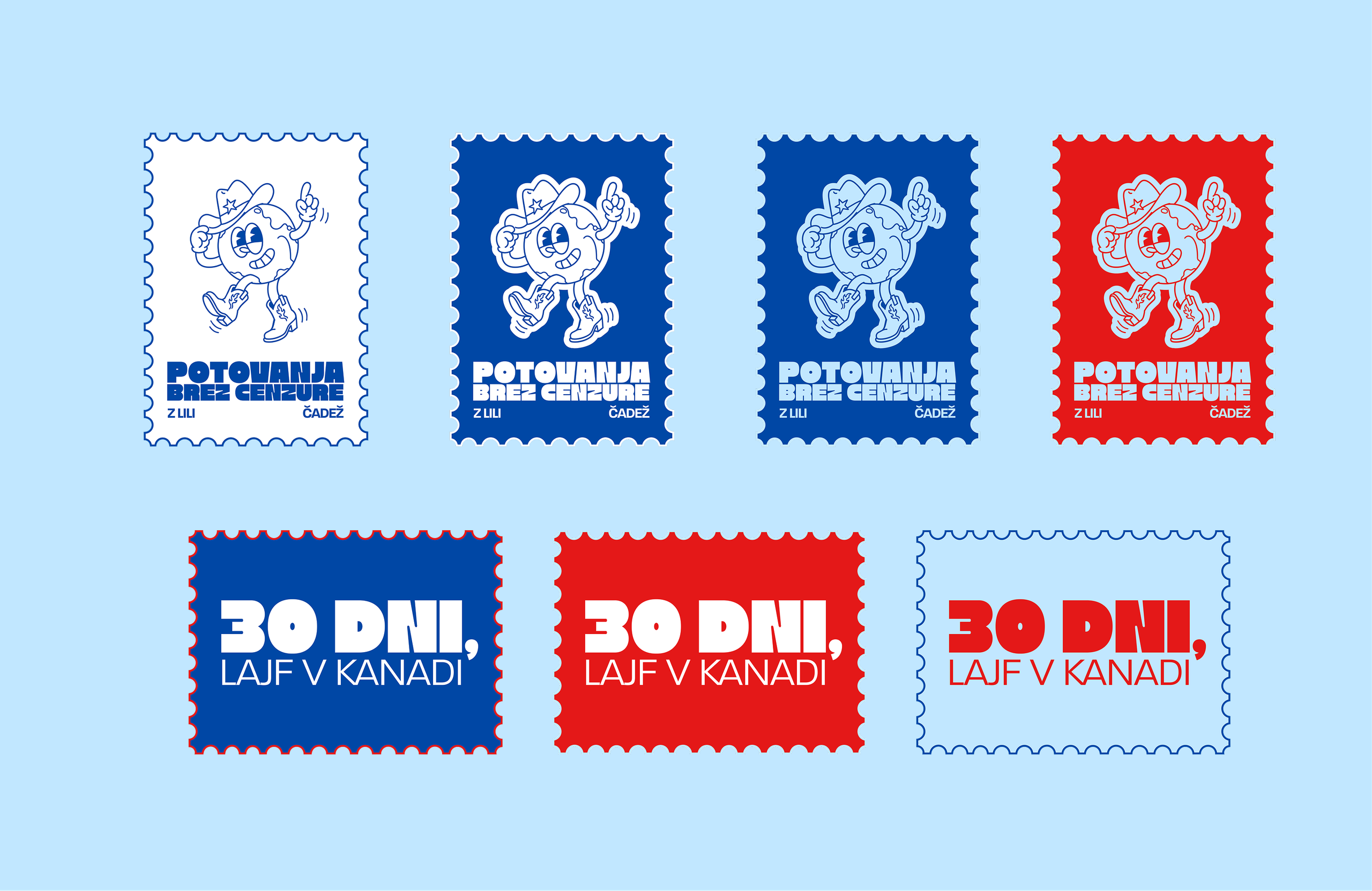 Seven postage-stamp stickers in blue, red and white: the cowboy globe and "30 dni, lajf v Kanadi".