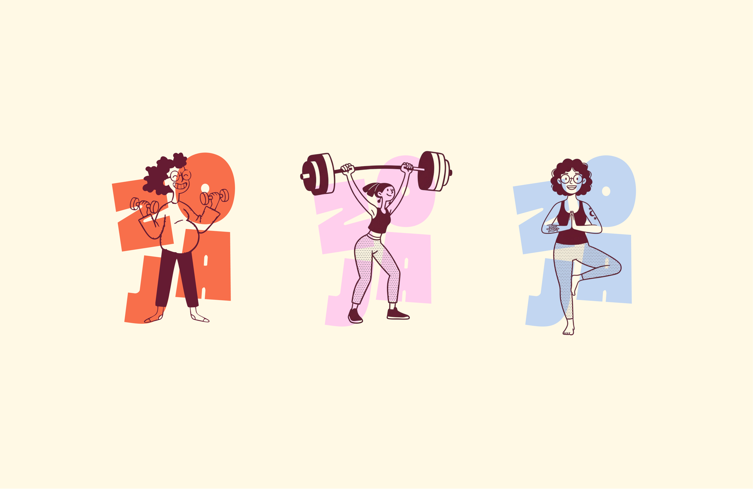Three drawn women over orange, pink and blue Zoja letters: dumbbells, a barbell and a yoga pose.