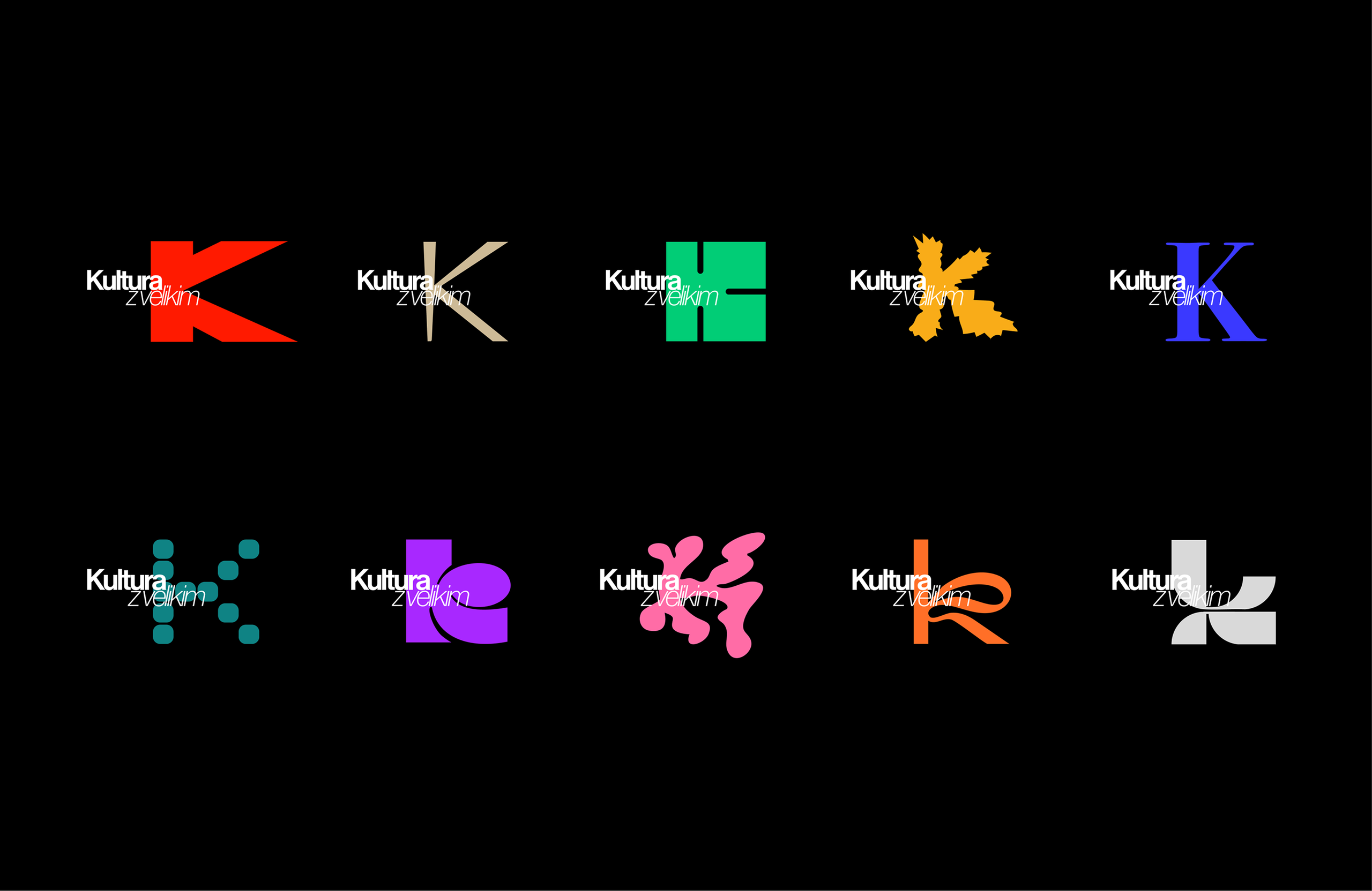 Ten versions of the Kultura z velikim K lockup on black, each with a differently drawn K in its own colour.